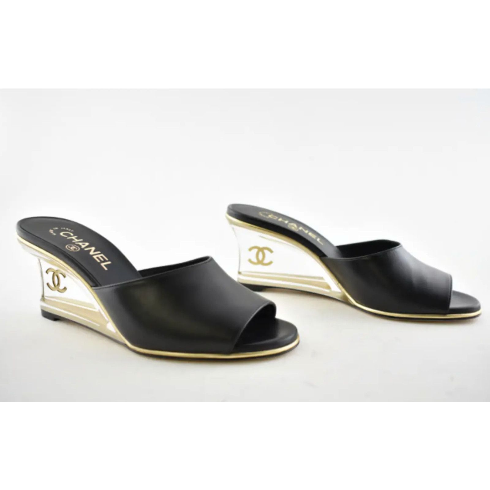 Chanel Chanel 20S Black Lambskin Clear Gold CC Mules Slide Size US 5.5 / IT 35.5 - 2 Thumbnail
