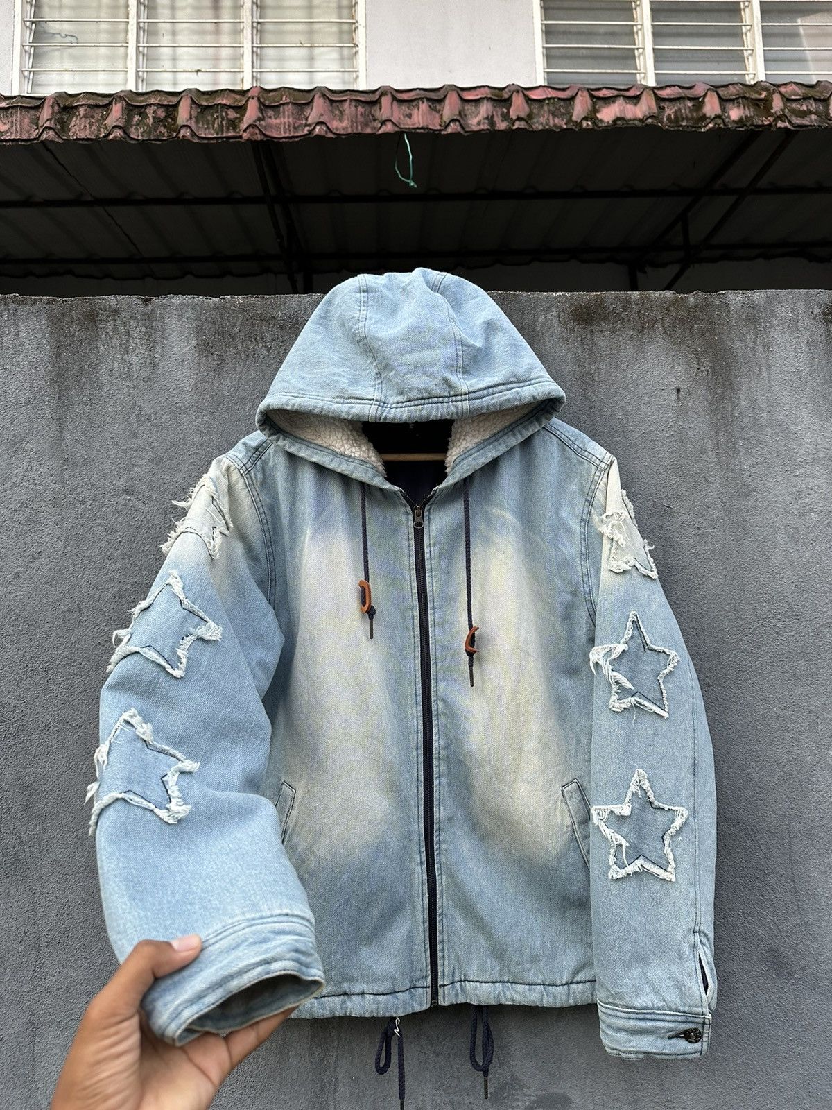 👹Halham Fleece Hood Denim Bomber Jacket