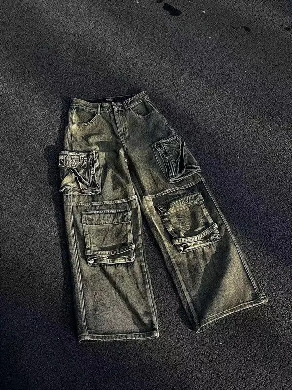 Jean Khaki Baggy / Chunky Bleached Cargo Wide Leg Jeans Size US 34 / EU 50 - 3 Thumbnail