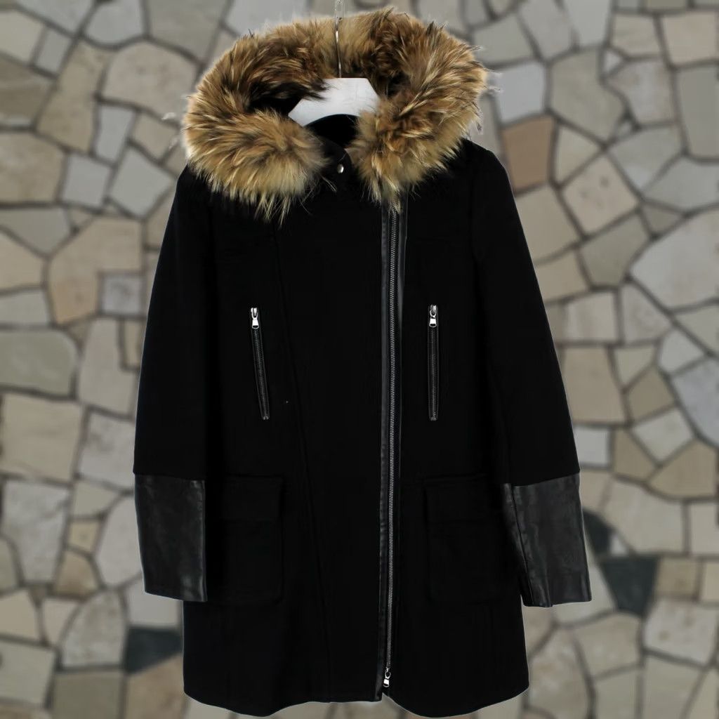 Vintage ZAPA Coat Women's SMALL Wool Blend Hooded Fur Leather Trim Black Size S / US 4 / IT 40 - 1 Thumbnail