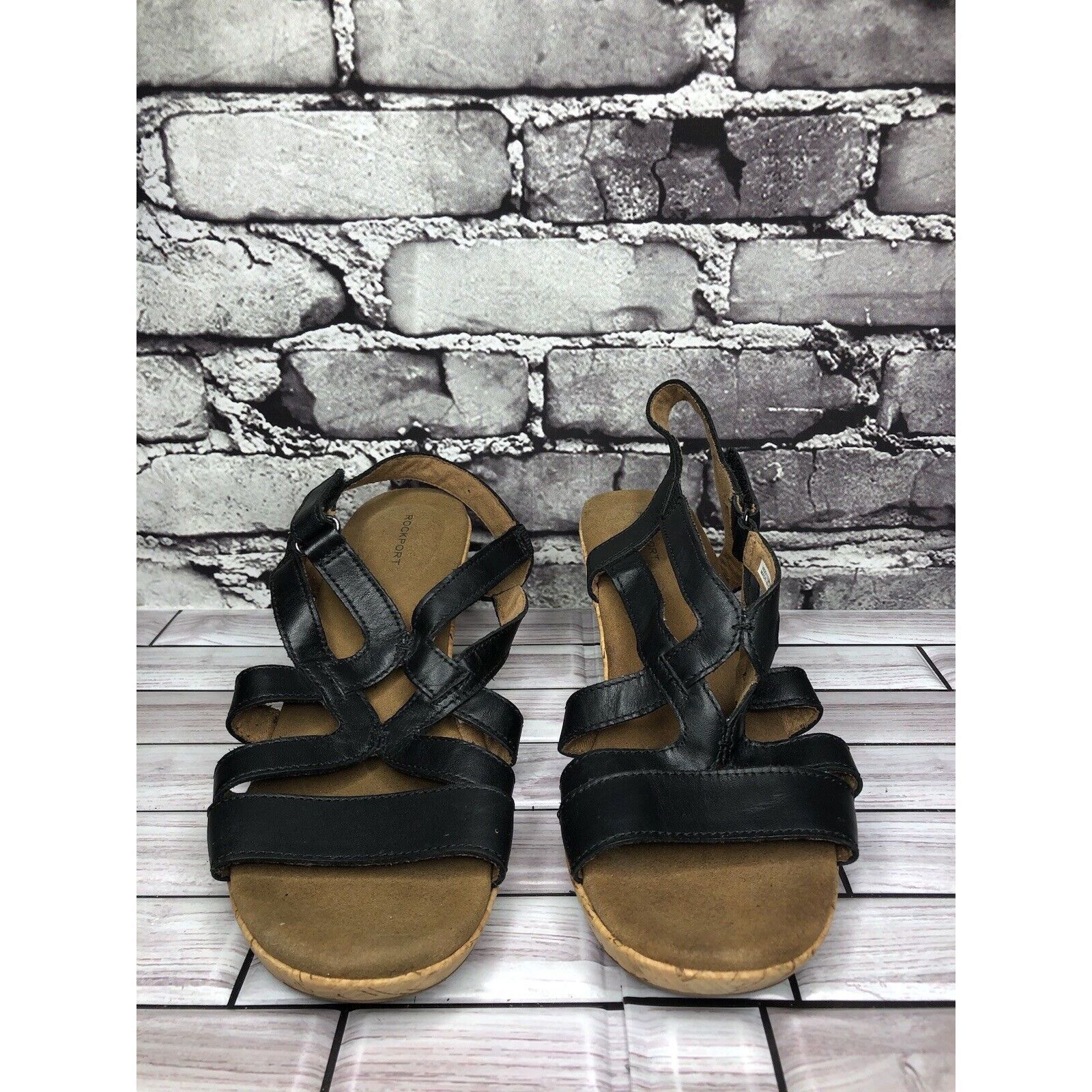 Rockport Rockport Black Leather Casual Cork Wedge Strappy Sandals Wom Size US 8.5 / IT 38.5 - 20 Thumbnail