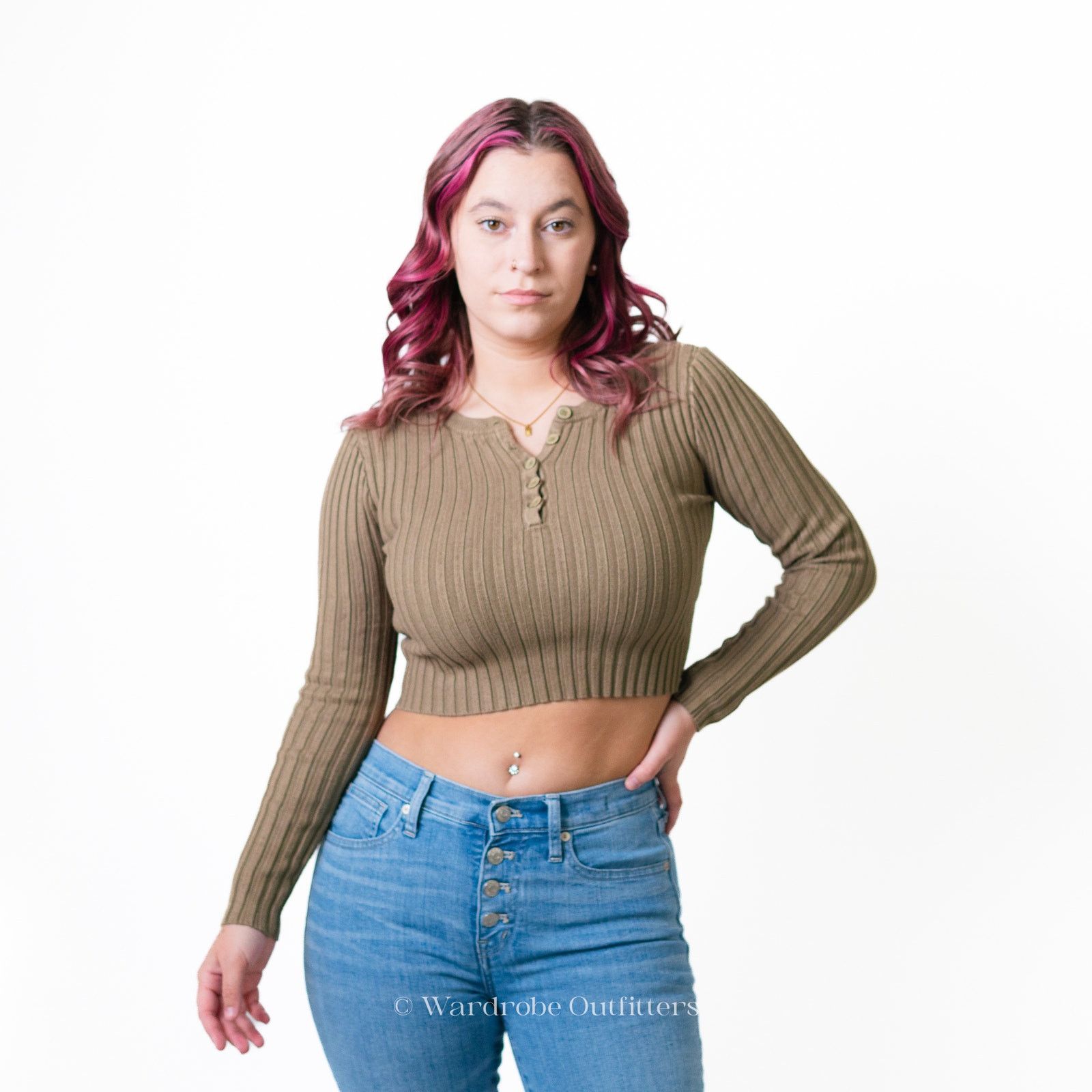 Forever 21 F21 Cropped Ribbed Long Sleeve Olive Green Size S / US 4 / IT 40 - 2 Thumbnail