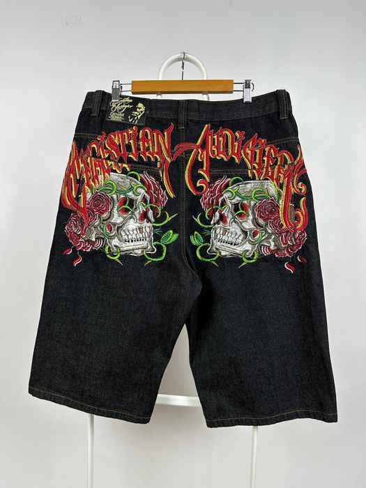 Vintage Christian Audigier Embroidered Skull Rose Denim Shorts