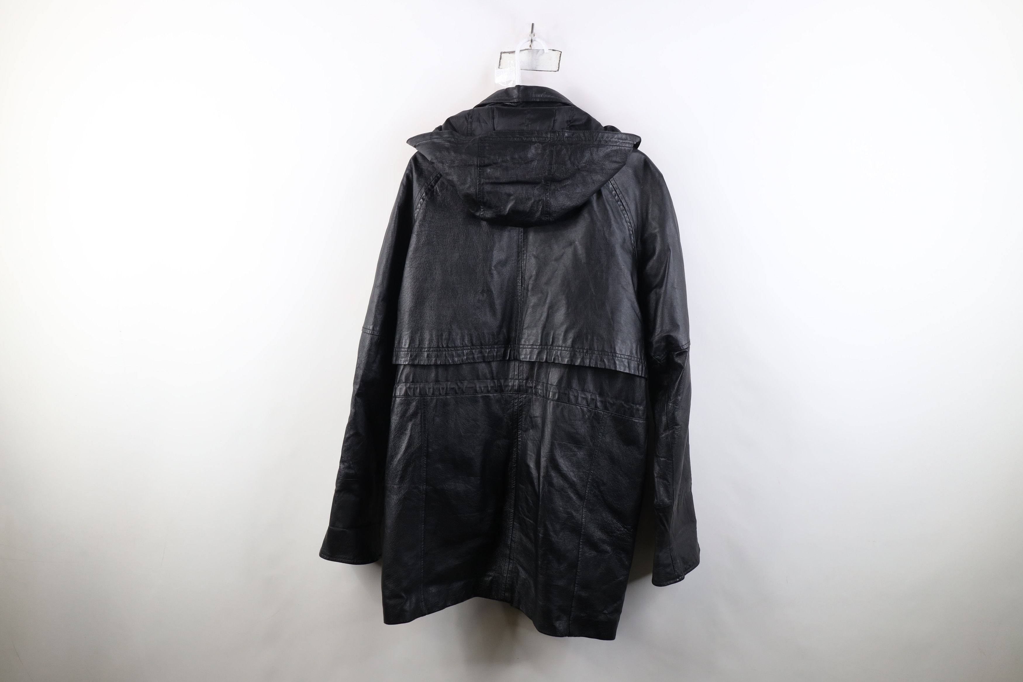 Vintage Vintage 90s Streetwear Hooded Leather Duster Jacket Black Size L / US 10 / IT 46 - 14 Thumbnail
