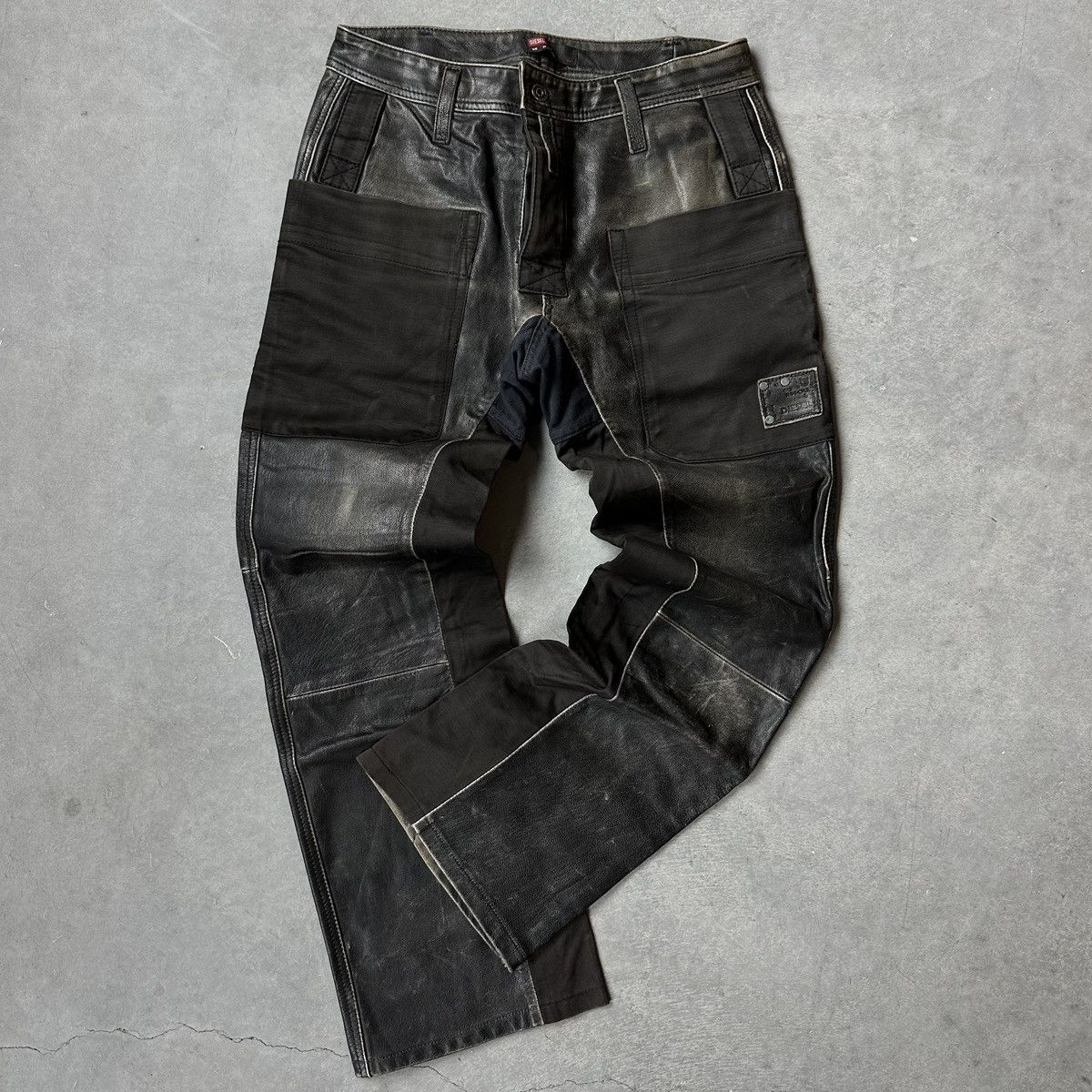 image of Crazy Vintage Y2K Diesel Leather Moto Pants Grunge Patchwork in Black, Men's (Size 30)