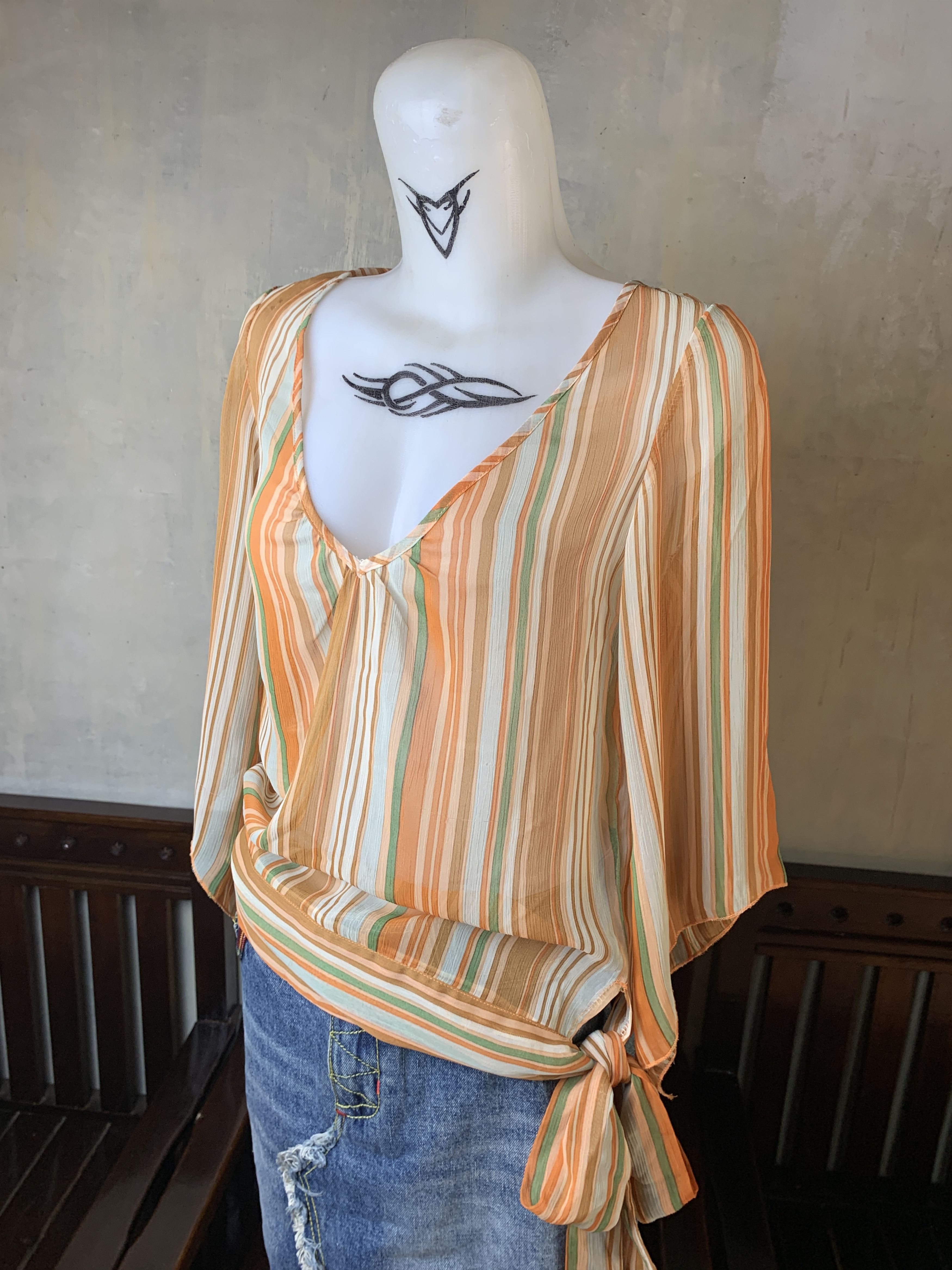 Japanese Brand 2000s Stripes Lace Ribbon Mesh Blouse (M) Size M / US 6-8 / IT 42-44 - 2 Thumbnail