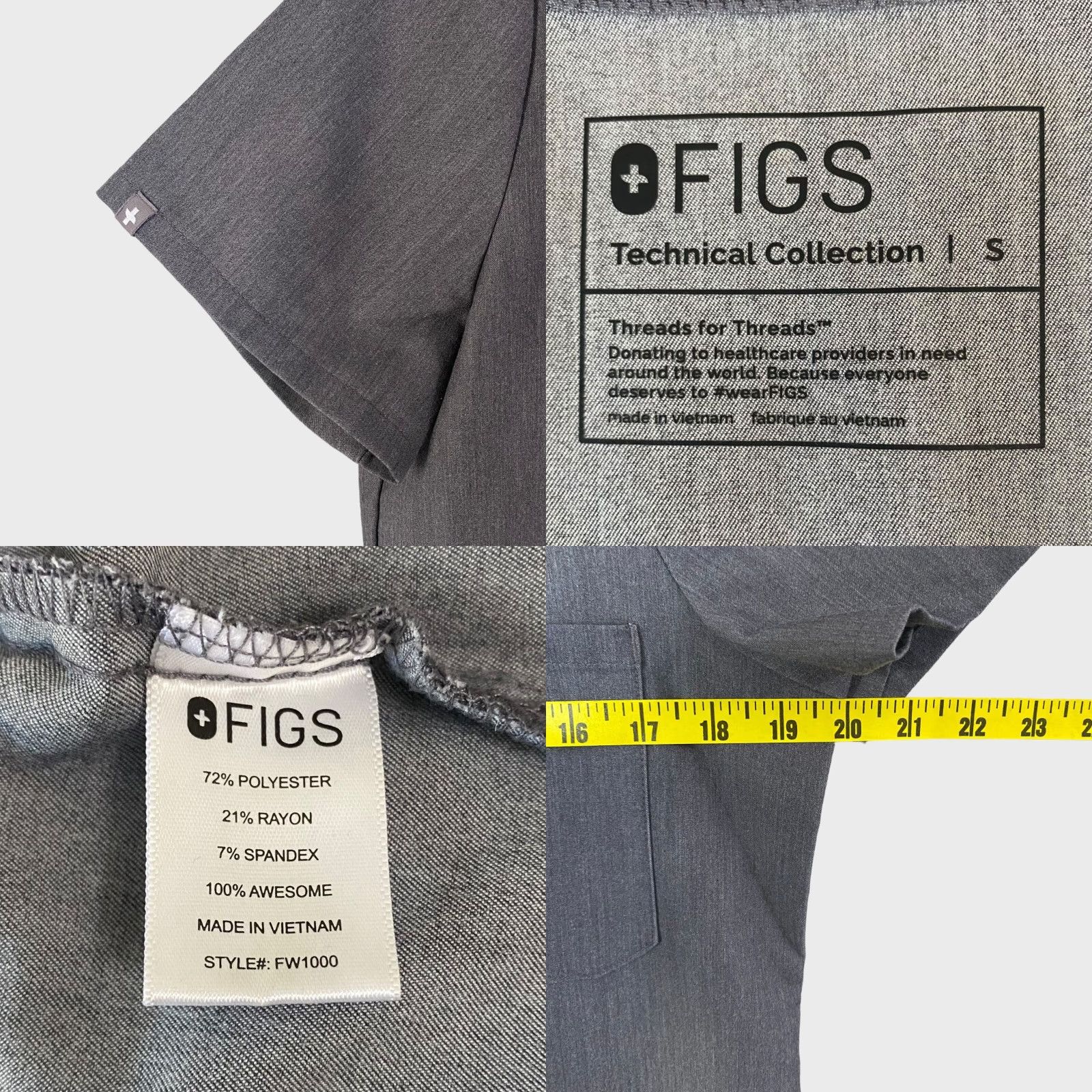 Vintage FIGS Catarina Technical Scrub Top Graphite Gray V-Neck Short-Sleeve S Women Size US S / EU 44-46 / 1 - 8 Thumbnail