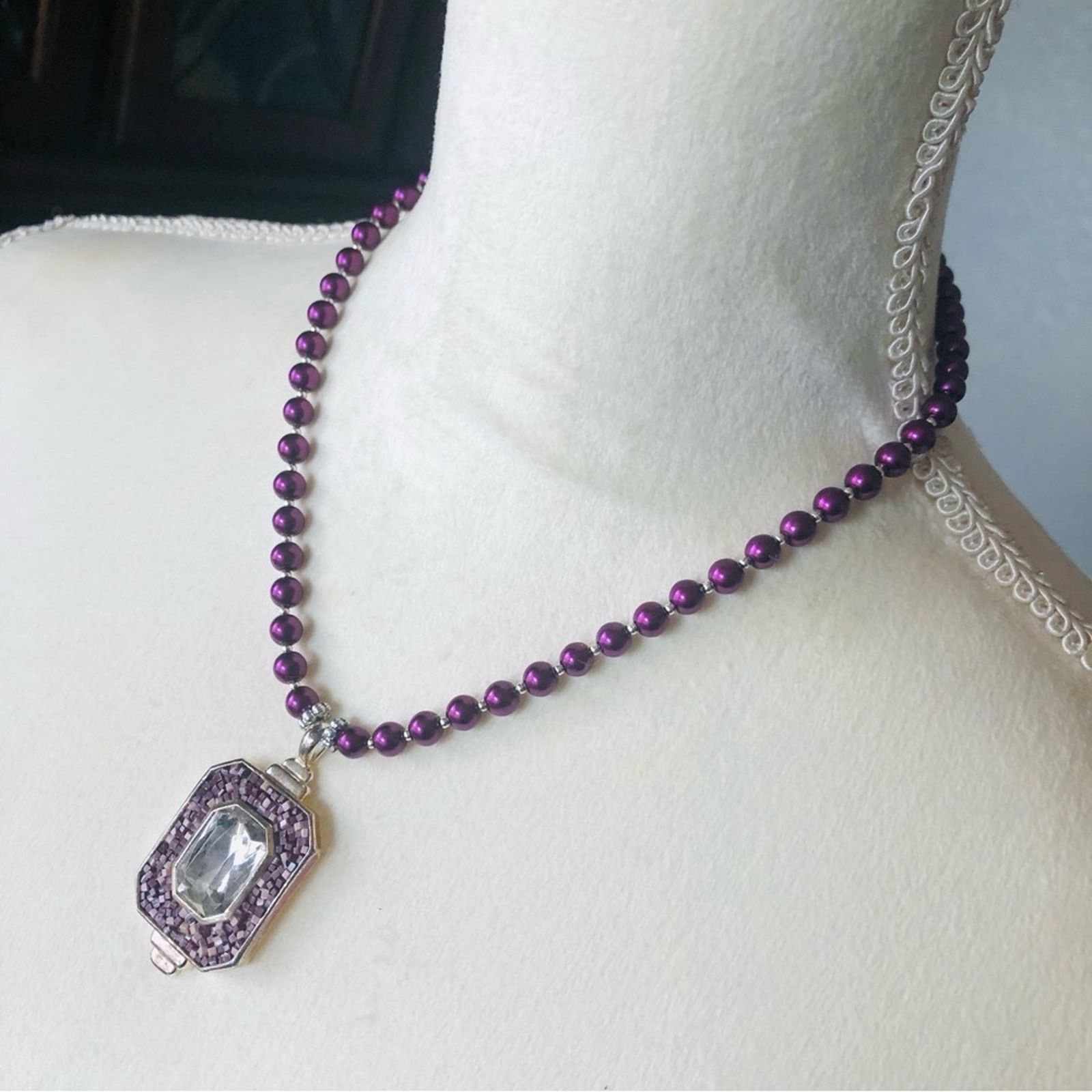 Handmade Handcrafted repurpose vintage mosaic pendant Pearl necklace Size ONE SIZE - 5 Thumbnail