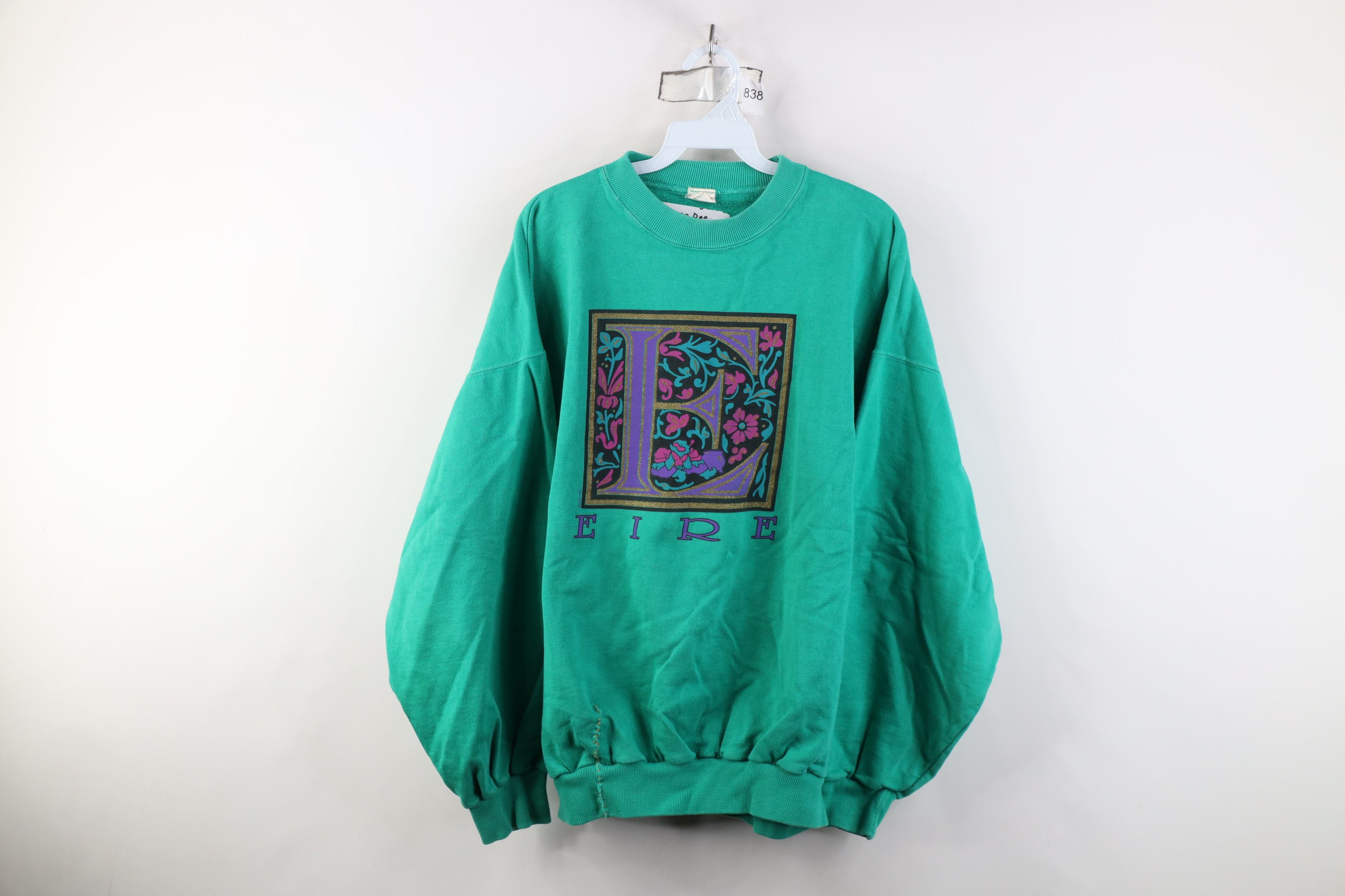 Vintage Vintage 90s Eire Ireland Flower Crewneck Sweatshirt Teal Size L / US 10 / IT 46 - 1 Thumbnail
