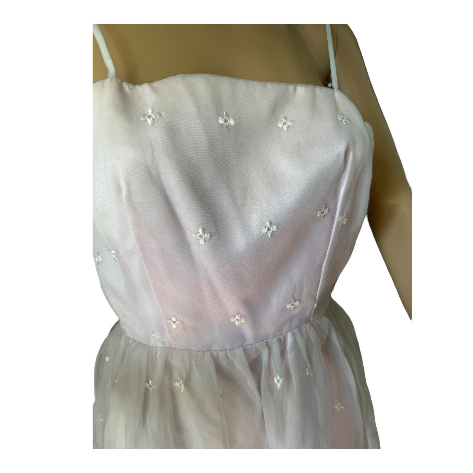 Vintage American vtg pink white sheer eyelet bridesmaid prom dress Size S / US 4 / IT 40 - 4 Thumbnail