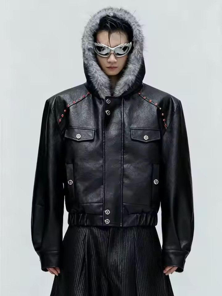 Black Faux Leather Bomber Jacket with Fur Collar