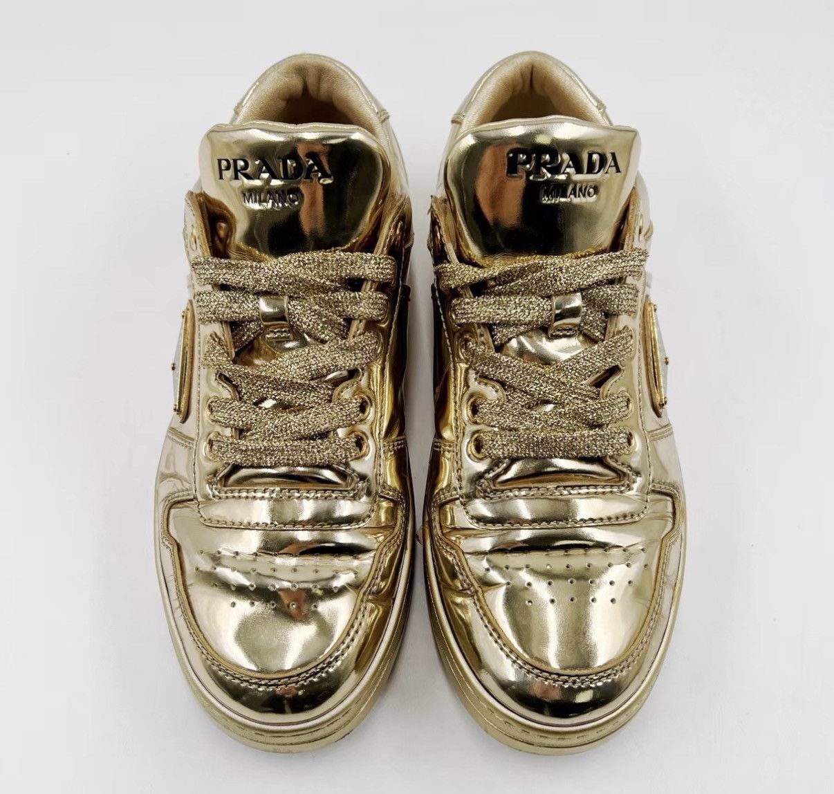 Prada Prada Gold Downtown Leather Round-Toe Low-Top Sneakers K12 Size US 7.5 / IT 37.5 - 2 Thumbnail
