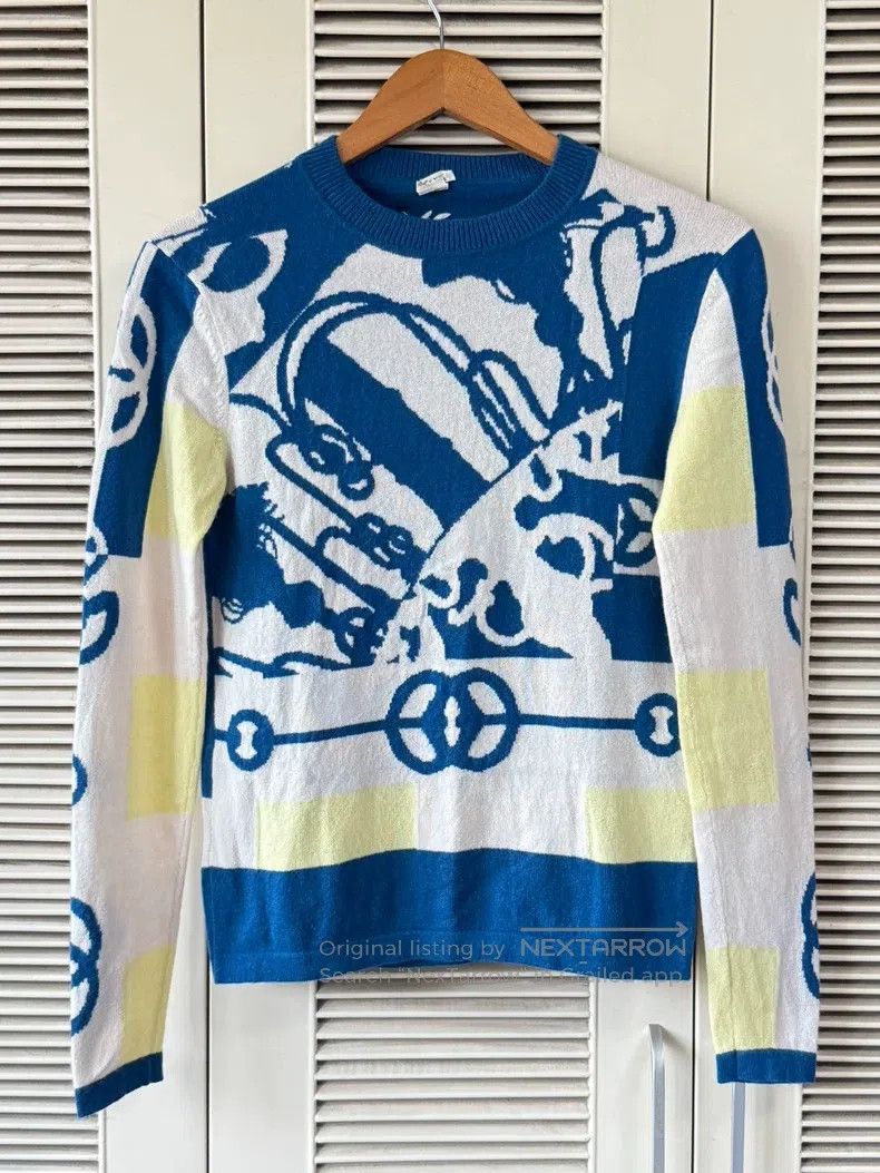 Hermes Hermes Cashmere sweater, blue, white, and yellow chain pat Size XS / US 0-2 / IT 36-38 - 1 Thumbnail