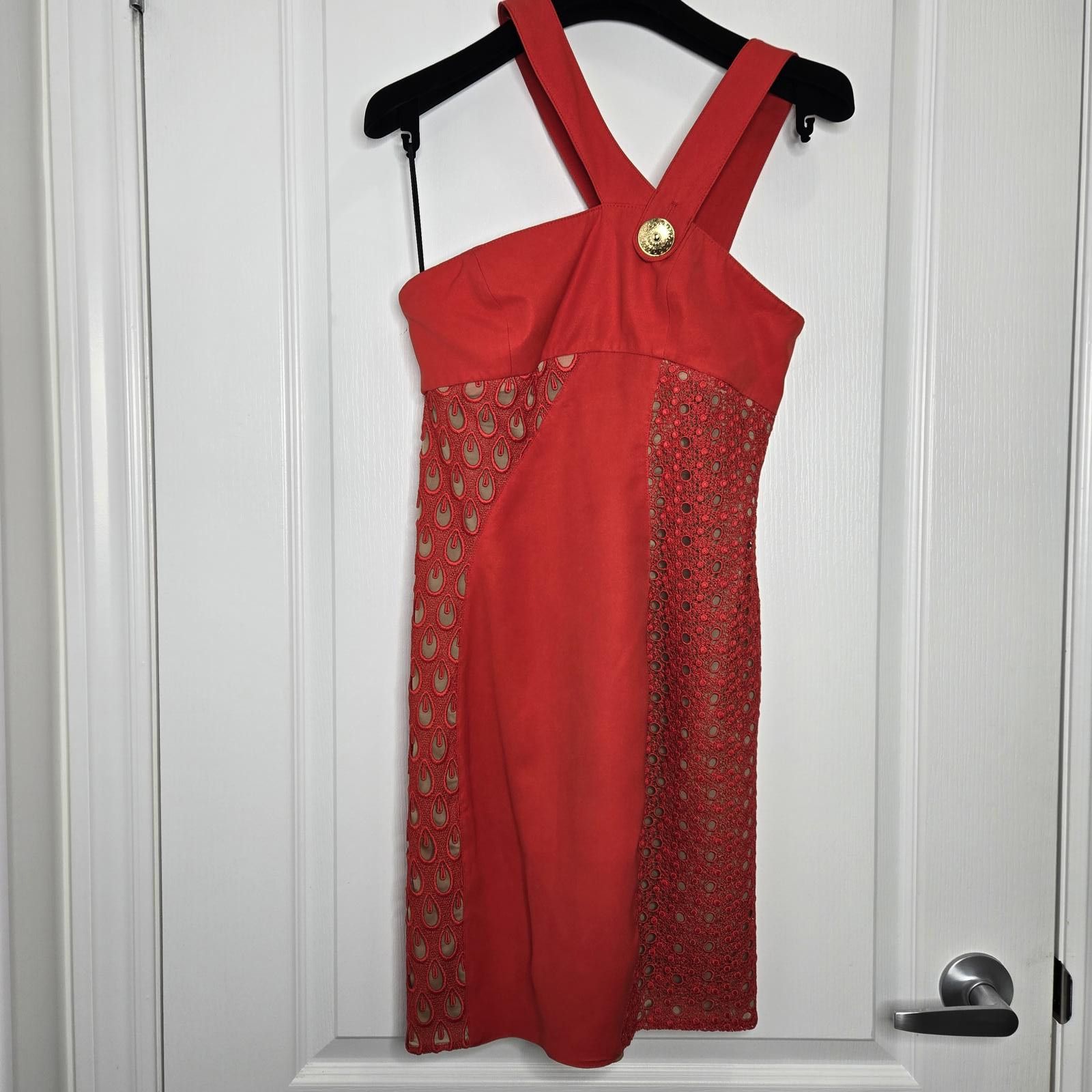 Other Versace for H&M Dress Red Silk Cocktail Mini Fitted Eyelet Size M / US 6-8 / IT 42-44 - 3 Thumbnail