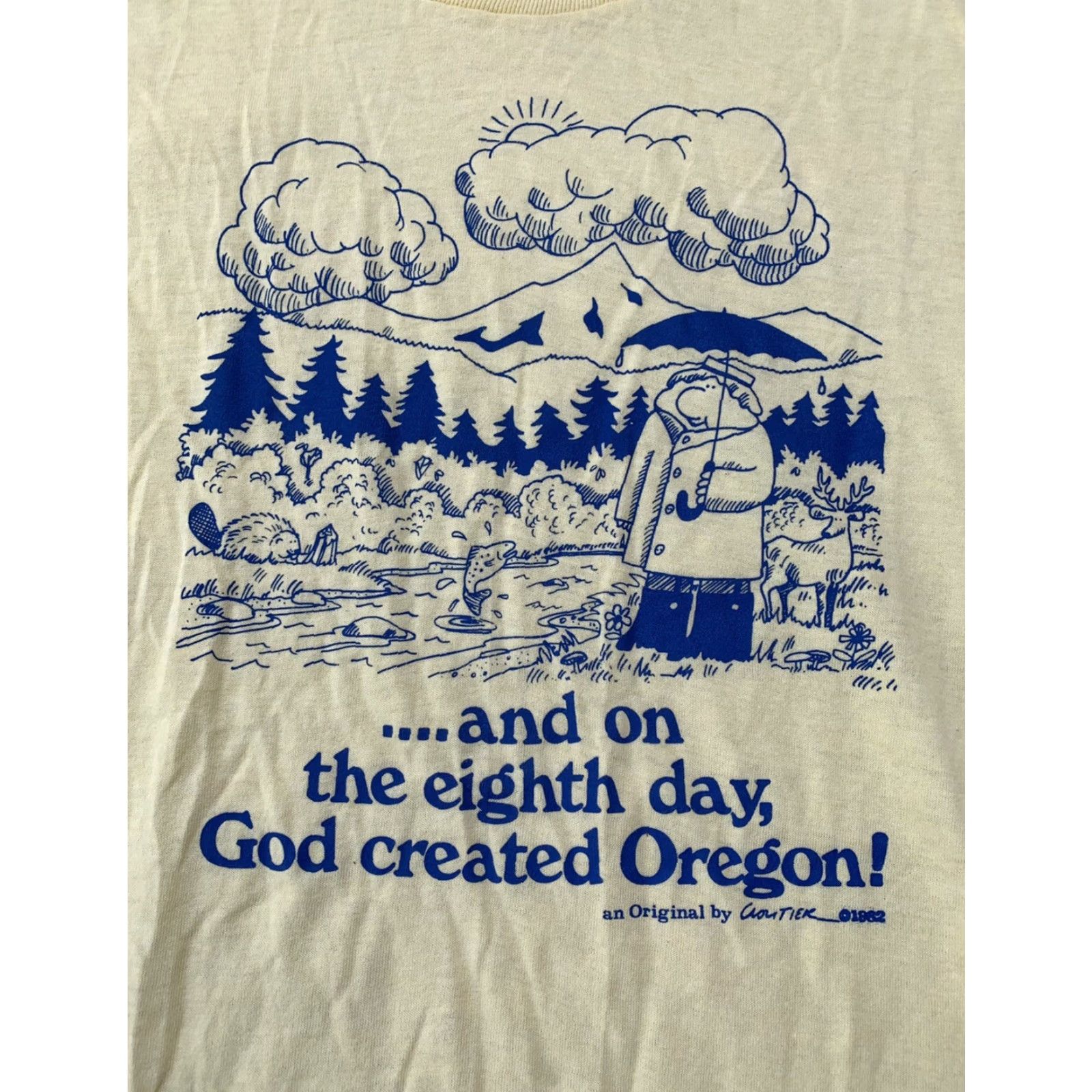 Jerzees VINTAGE …and on the eighth day, God created Oregon! t-shirt Men M Yellow Jerzees by Russell Short Sleeve Graphic Tee 1980s 38-40 USA Size US M / EU 48-50 / 2 - 5 Thumbnail