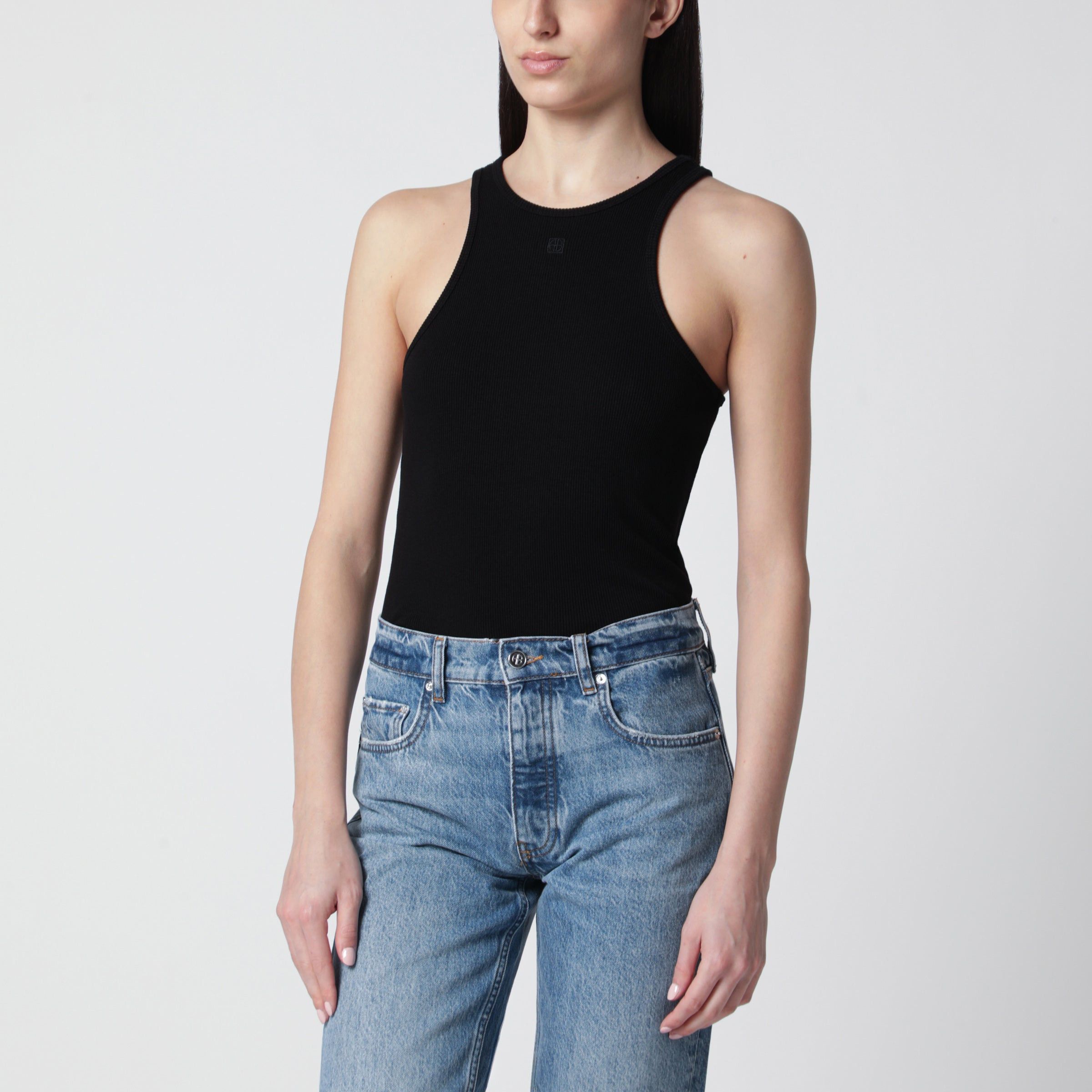Anine Bing Anine Bing Black Ribbed Tank Top With Logo Embroidery Size L / US 10 / IT 46 - 1 Thumbnail