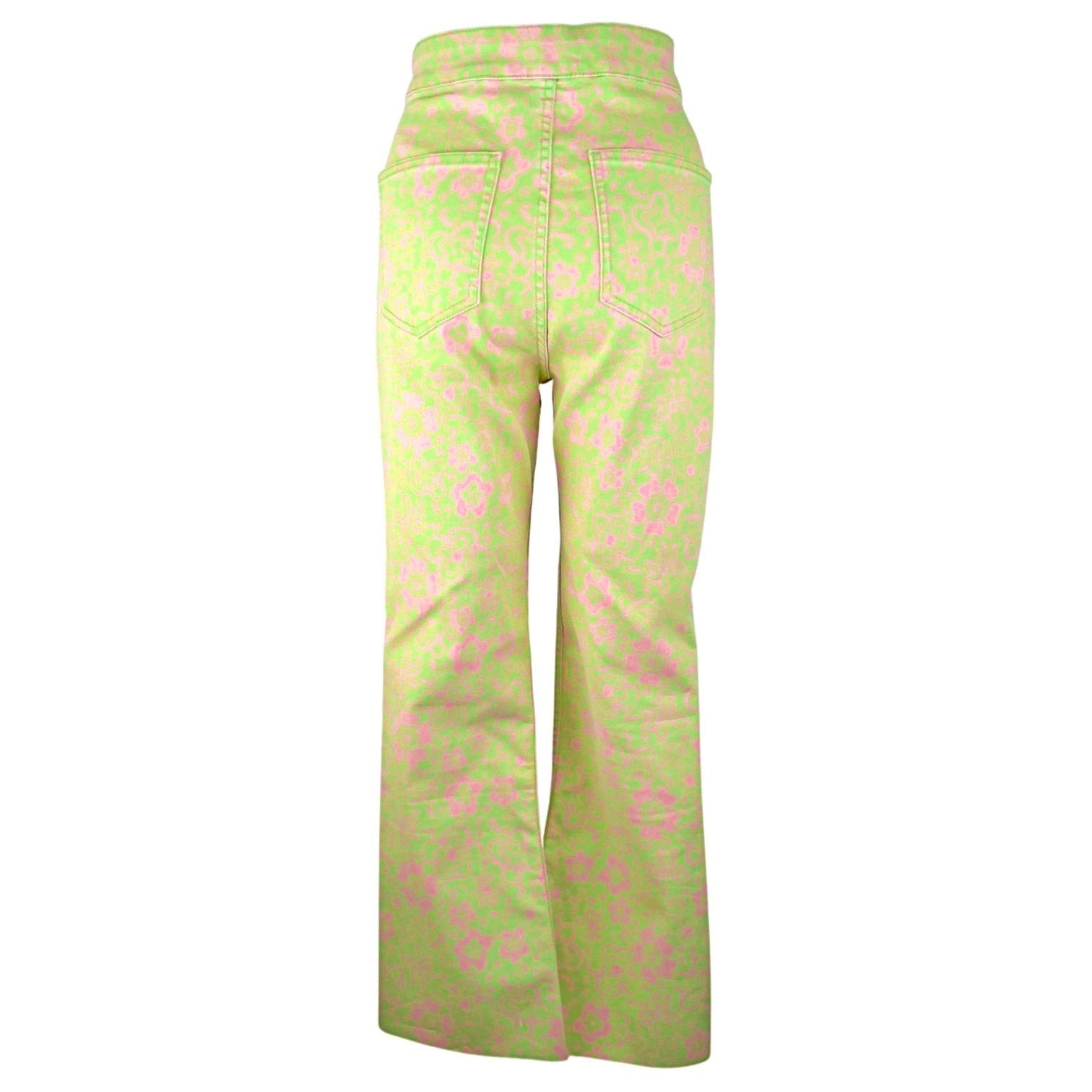 Zara Zara Kick Flare Jeans Green Floral High Rise Crop Raw Hem Size 32" / US 10 / IT 46 - 4 Thumbnail