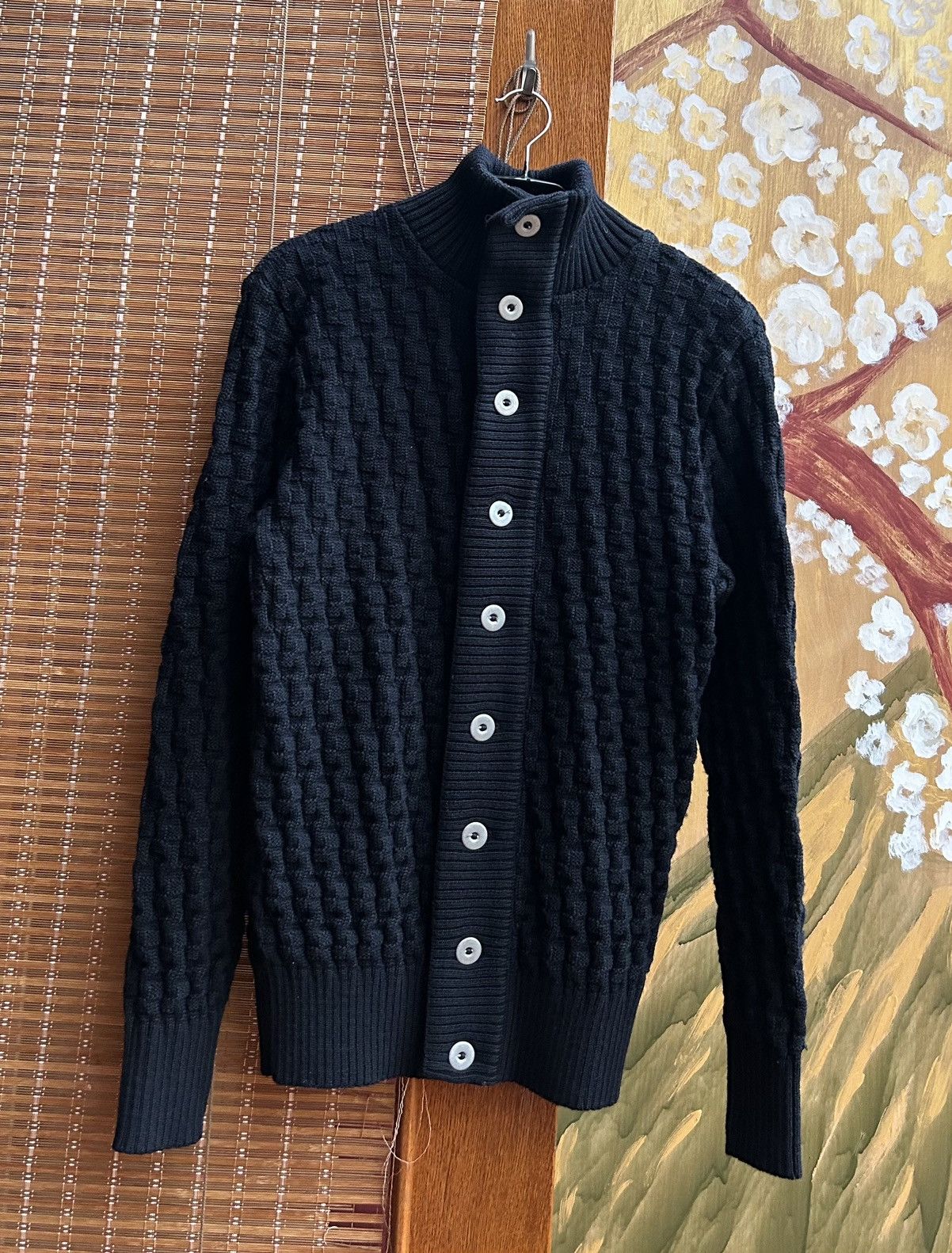 image of S N S Herning S.n.s. Herning Stark Textured Virgin Wool Fisherman Cardigan in Navy (Size Large)