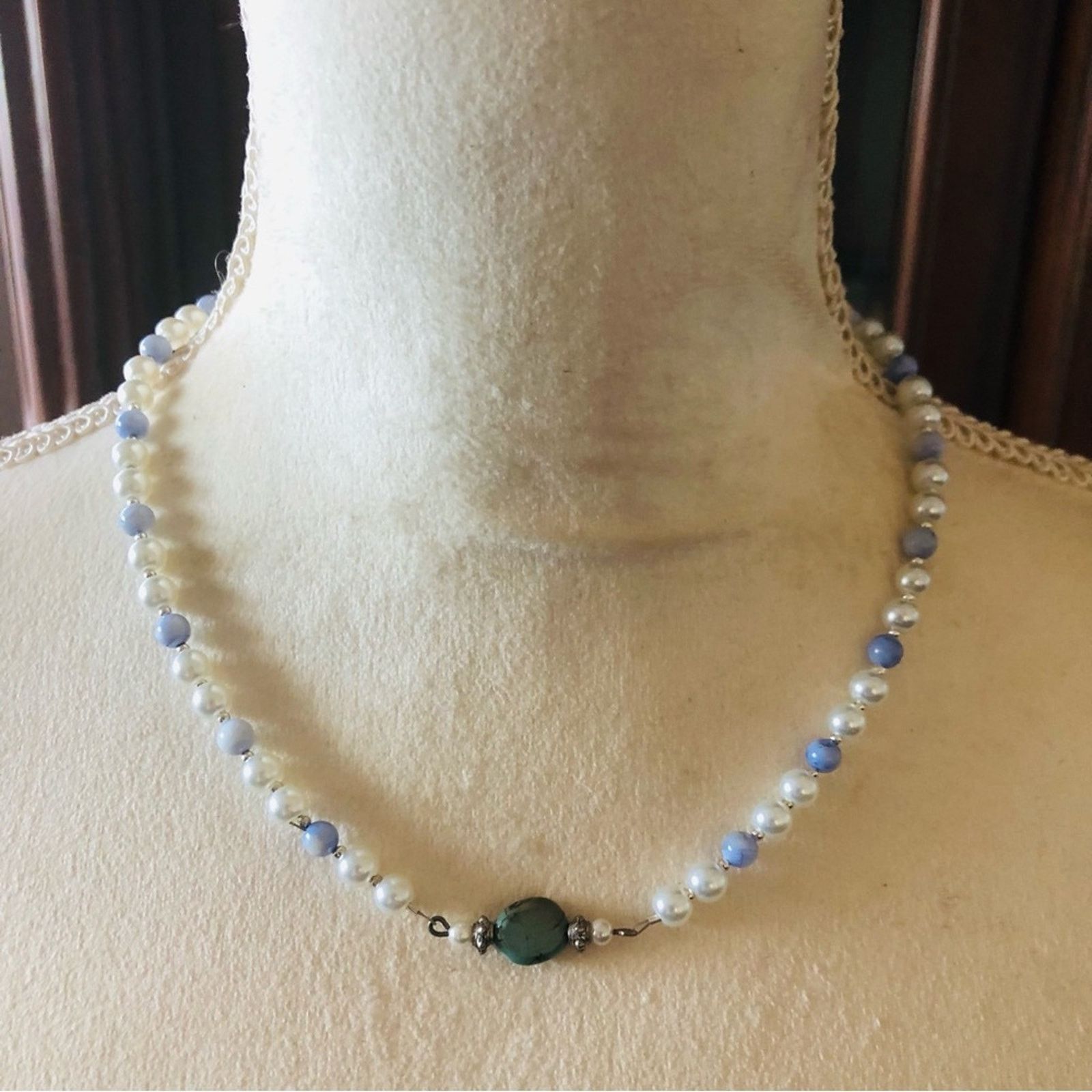 Handmade Handcrafted repurpose African turquoise stone Pearl necklace Size ONE SIZE - 2 Thumbnail
