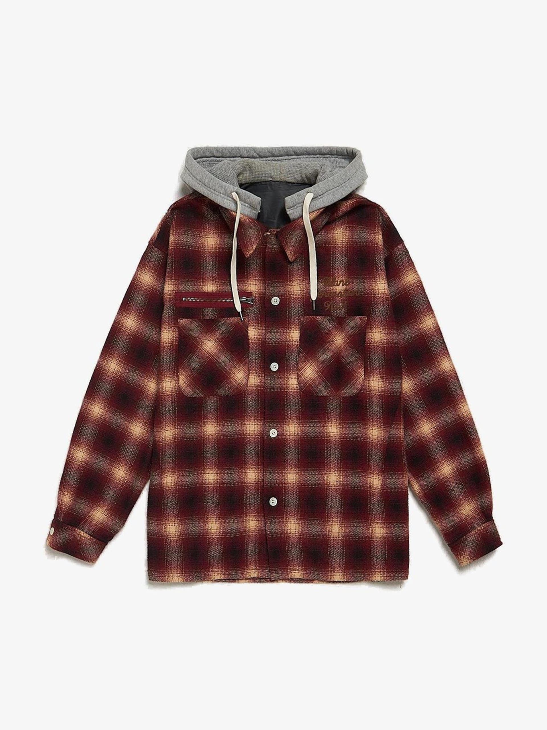 Red Checkered Polyester Hood Overshirt