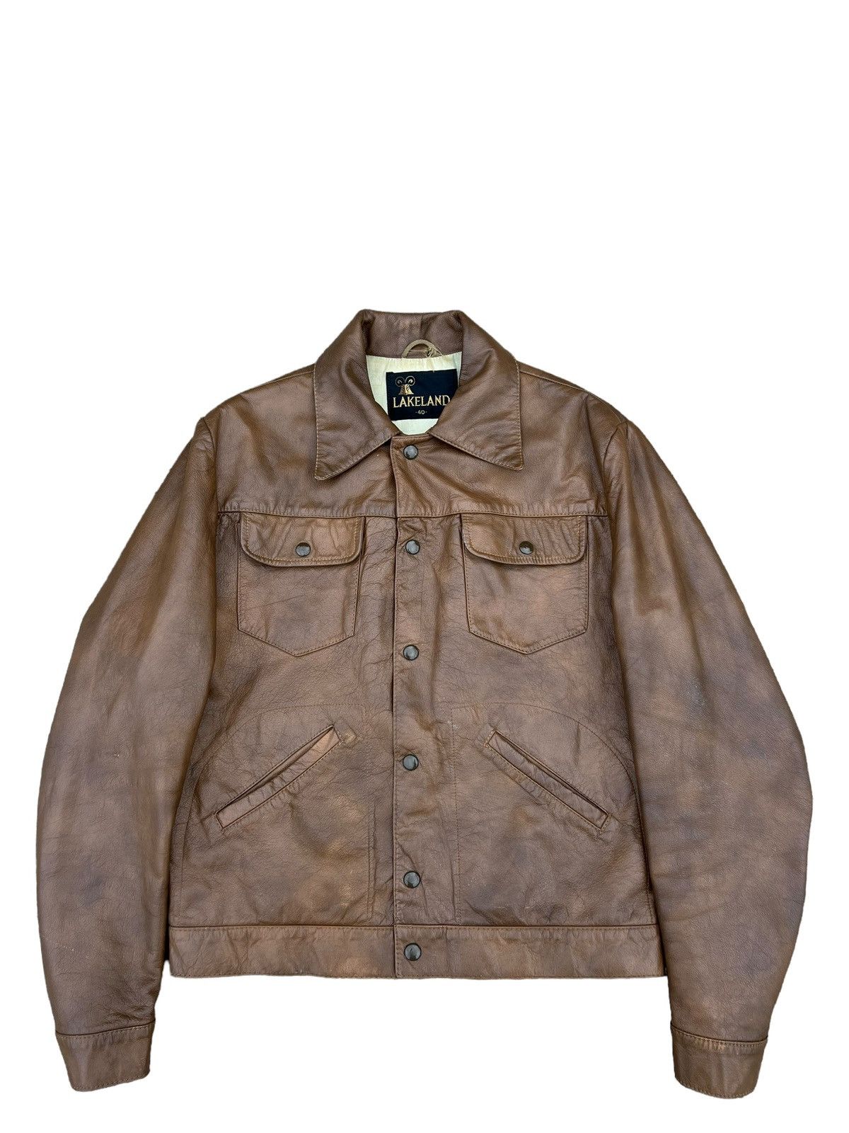 image of Vintage 60S 70's Lakeland Patina Brown Trucker Leather Jacket, Men's (Size Medium)