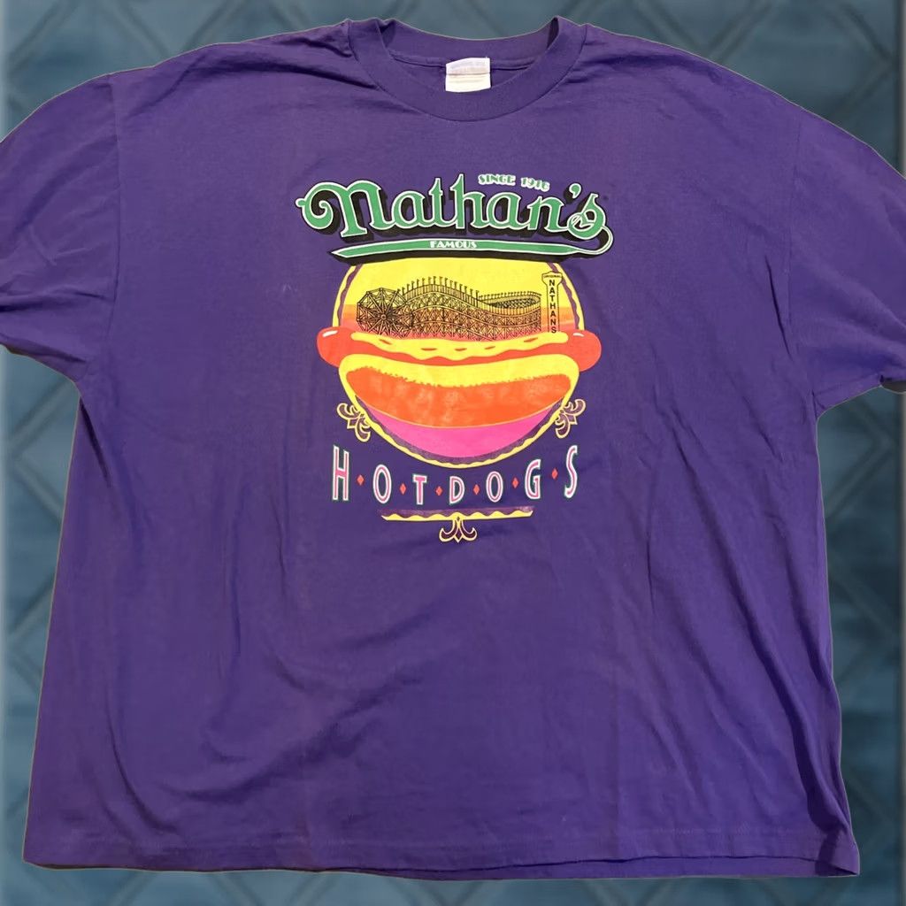 Hanes VINTAGE Hanes Nathan's Famous Hot Dogs Double-Sided T Shirt XXL Purple Men Reg Short Sleeve Crew Neck Graphic Print Dog Funny Size US XXL / EU 58 / 5 - 1 Thumbnail