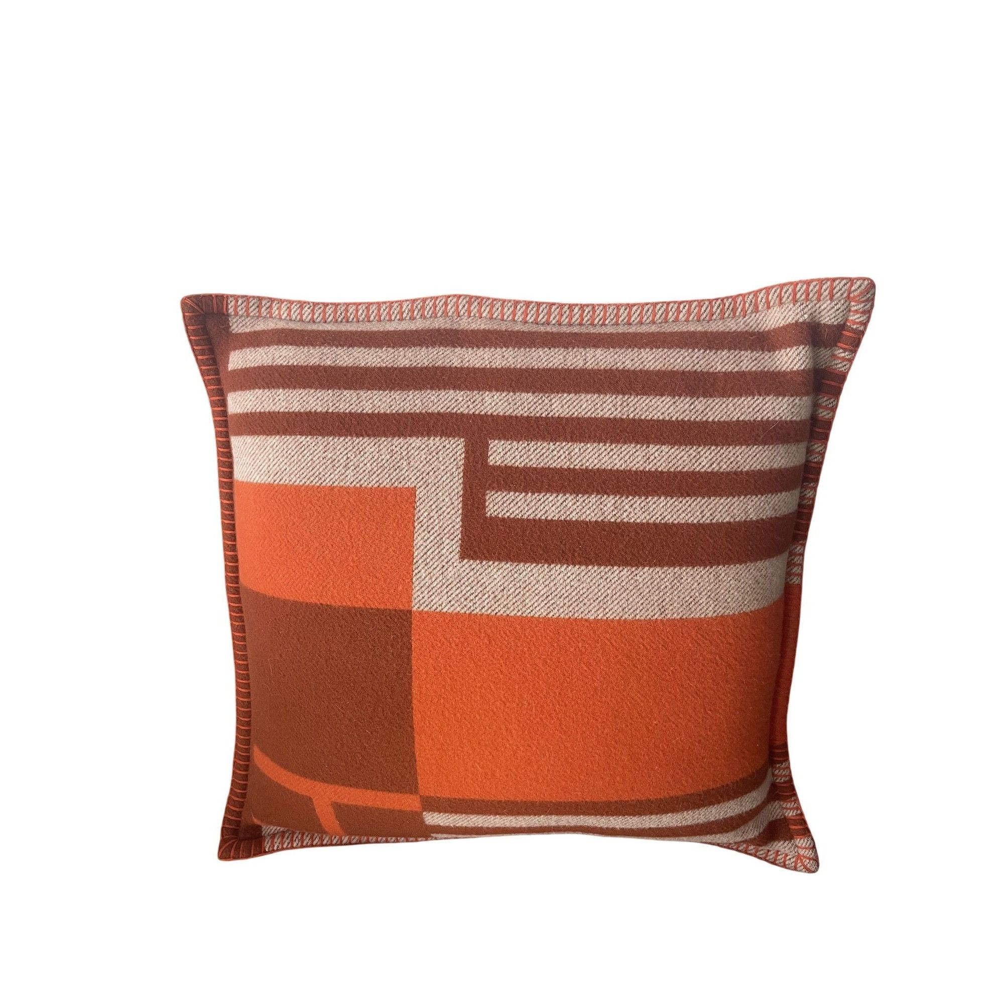 Hermes Hermes Paris Orange & Brown Geometric Wool & Cashmere Pillow Size ONE SIZE - 1 Thumbnail
