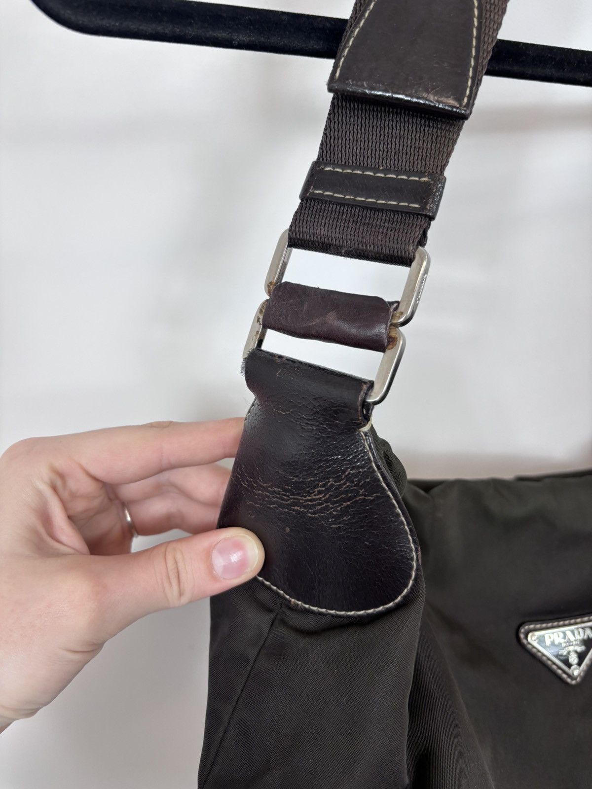 Prada Prada Khaki Tessuto Triangle Logo Nylon/Leather Shoulder Bag Size ONE SIZE - 4 Thumbnail