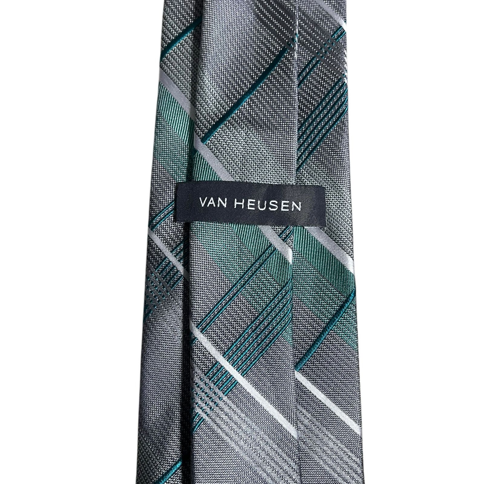 Van Heusen Van Heusen Gray Green Plaid Pattern 100% Silk Men’s Tie. Size ONE SIZE - 3 Thumbnail