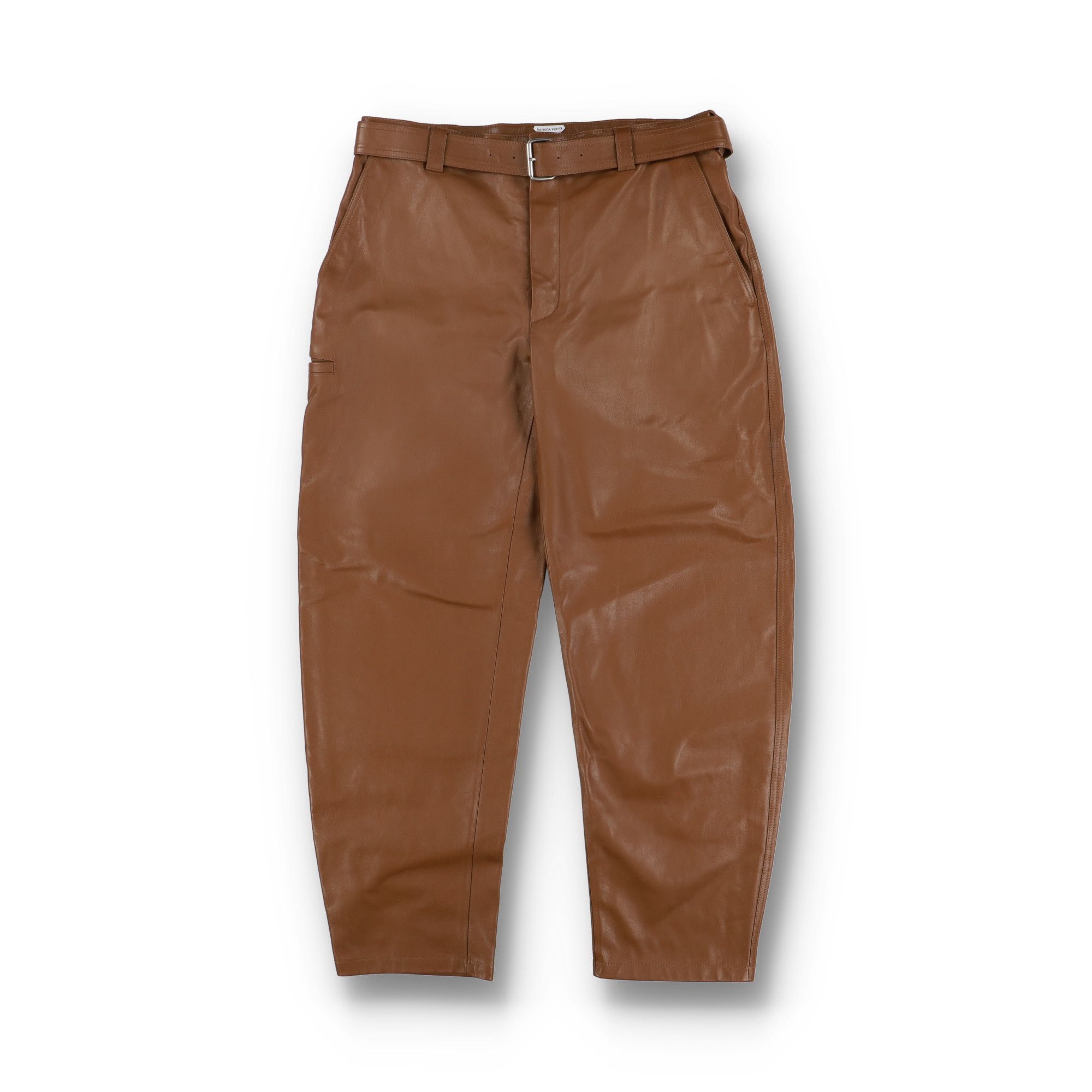 Toffee Brown Calfskin Belted Leather Trousers