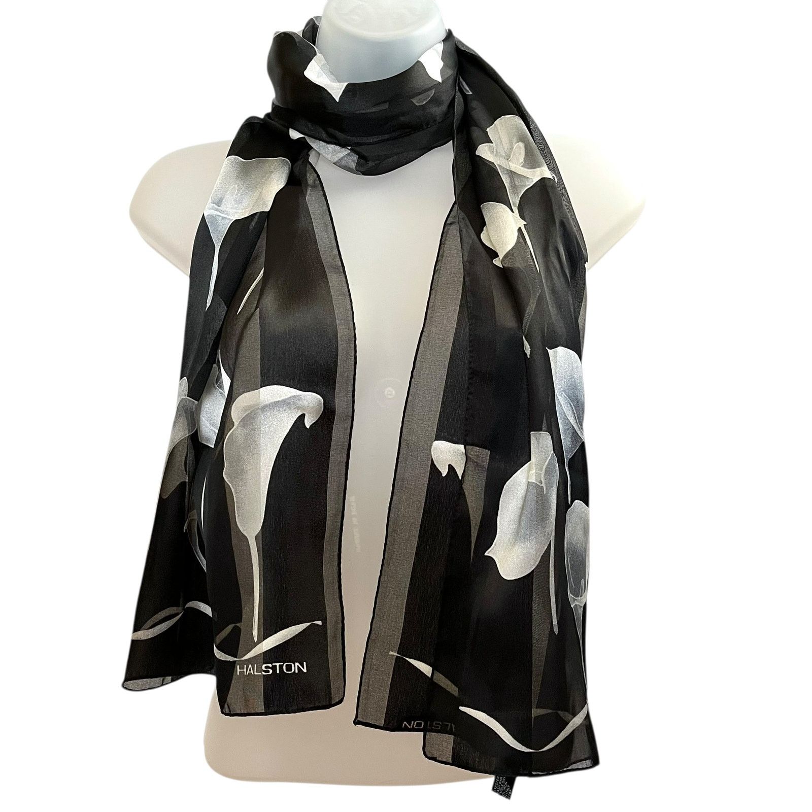 Halston × Vintage Vintage Halston Calla Lily Striped Chiffon Opaque Long Scarf Size ONE SIZE - 1 Thumbnail
