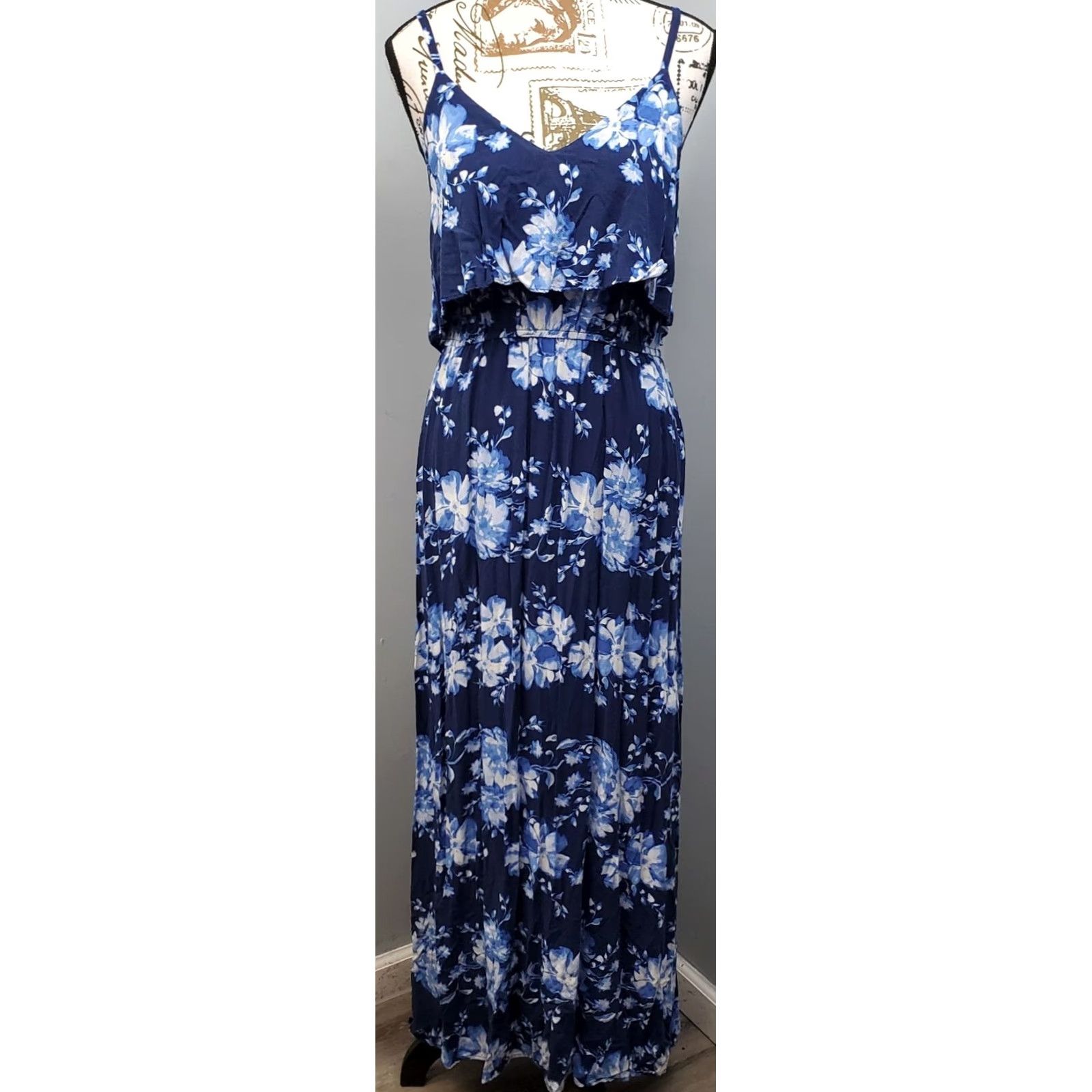 Vintage LC Lauren Conrad Maxi Dress Womens M Blue White Floral Cinch Waist Tiered Bodice Dress Size M / US 6-8 / IT 42-44 - 2 Thumbnail