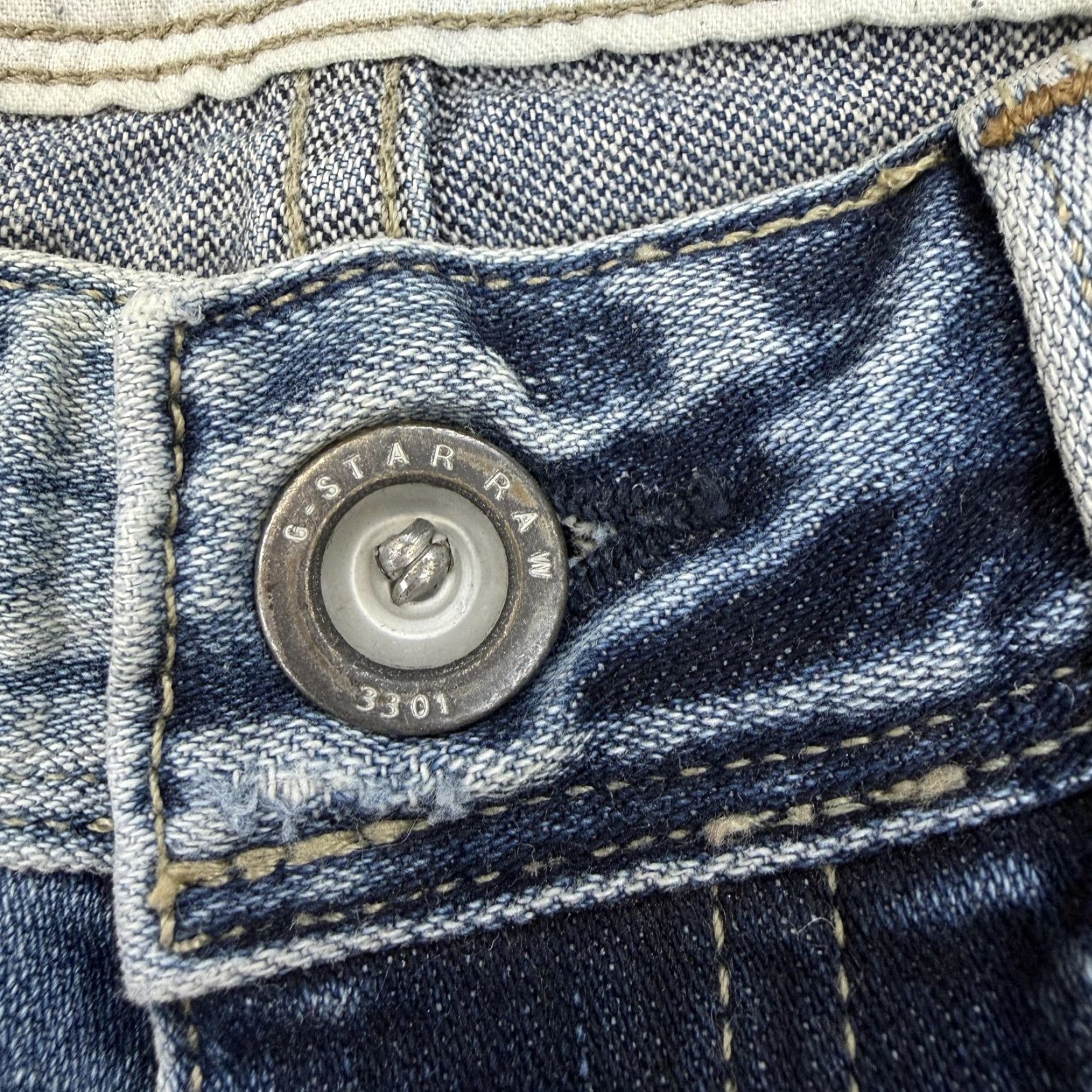 Vintage G-Star RAW Jeans Mens 32x34 Blue Medium Wash 3301 Distressed Denim Button Fly Tapered Relaxed 32 Inseam Jeans Men Blue 3301 Size US 32 / EU 48 - 6 Thumbnail