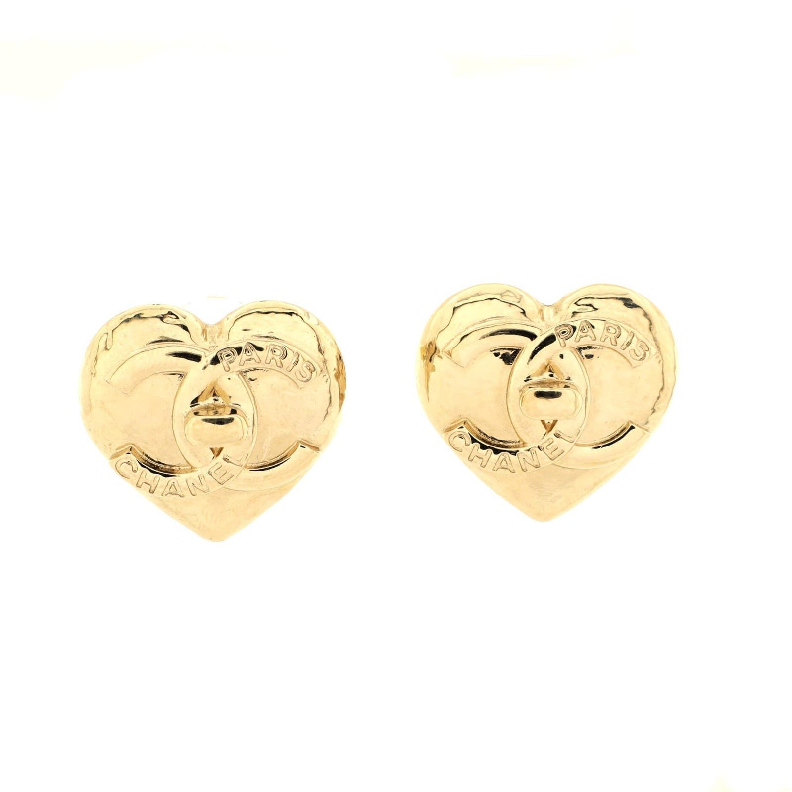 image of Chanel Cc Turnlock Heart Stud Earrings Metal None in Gold, Women's