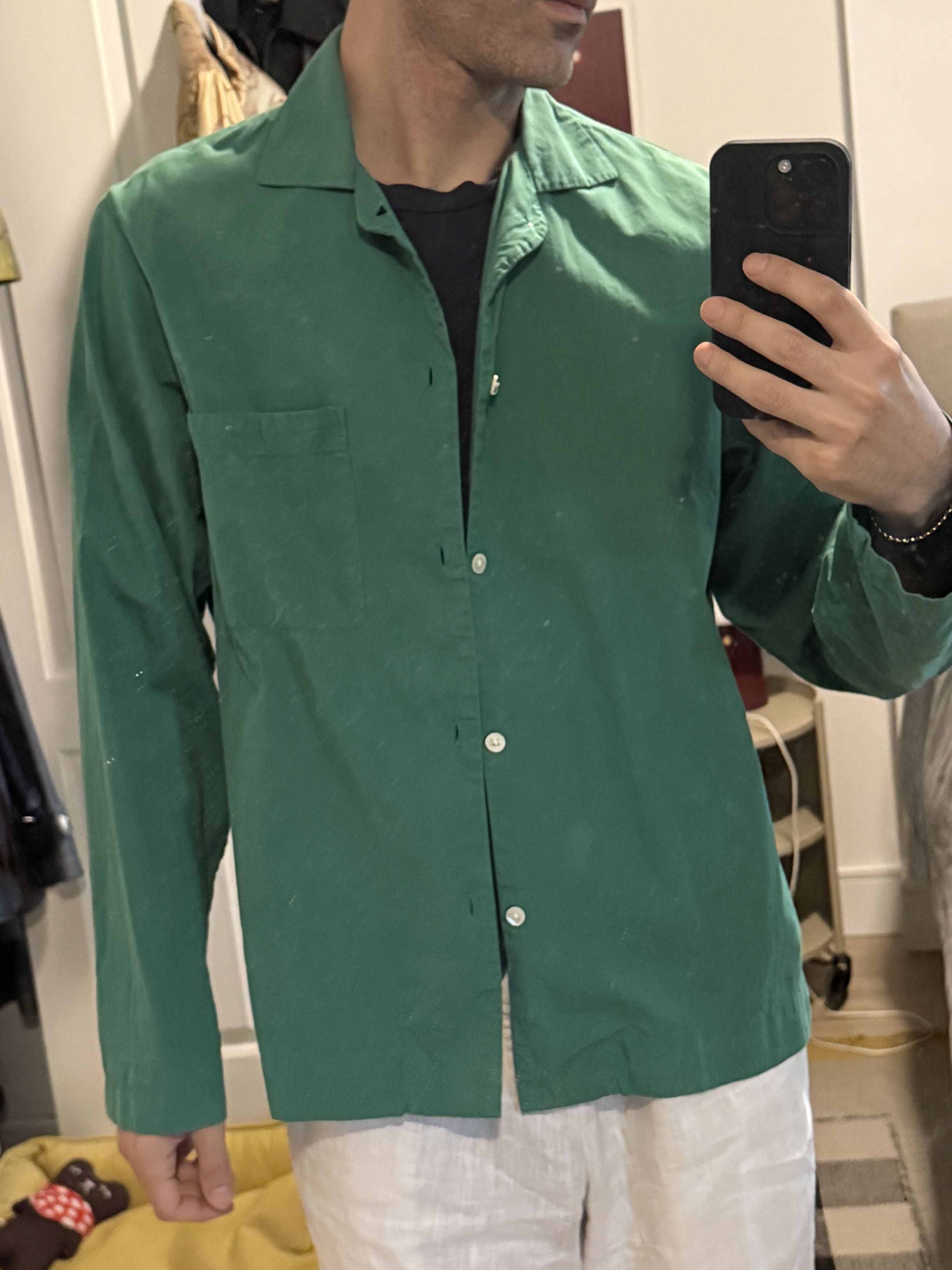 Tekla Green Poplin Long-Sleeved Pyjama Shirt Size US M / EU 48-50 / 2 - 5 Thumbnail