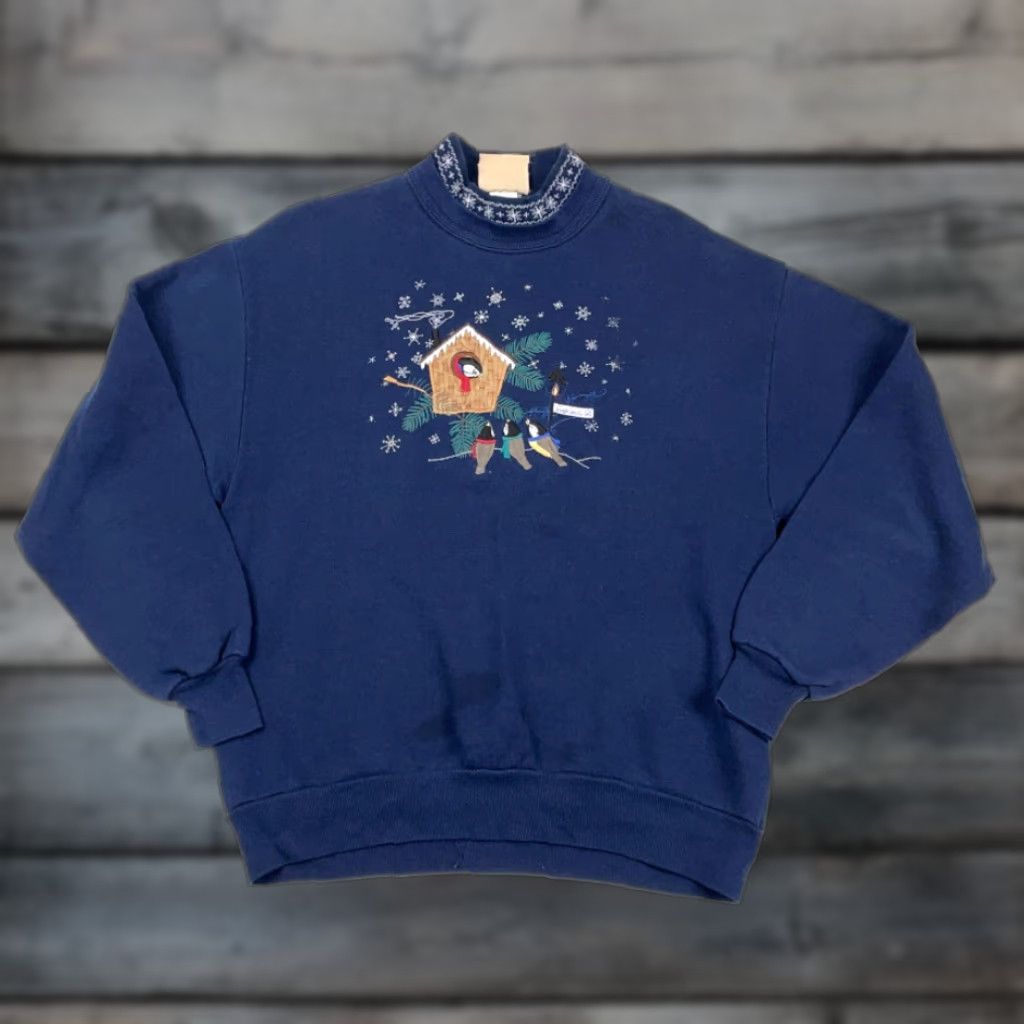 Vintage VINTAGE Morning Sun Sweatshirt Blue 90s Birdhouse Snowflakes Pullover Adult Large Double Collar Embroidered Cotton Blend USA Made Women Size L / US 10 / IT 46 - 1 Thumbnail
