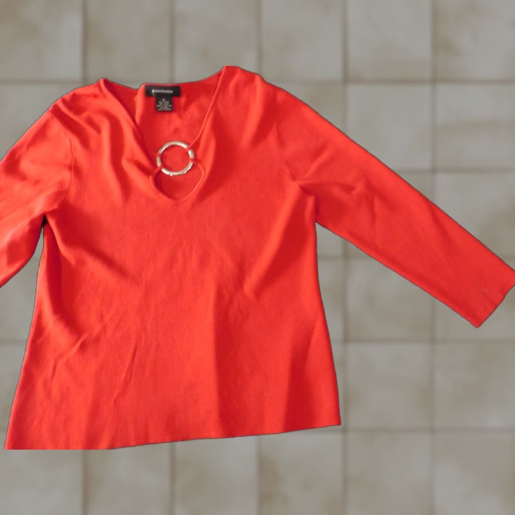 Vintage Pointelle Blouse Womens XL Red Crew Neck Long Sleeve Pullover Stretch Ruffle Casual Navy Size XL / US 12-14 / IT 48-50 - 1 Thumbnail