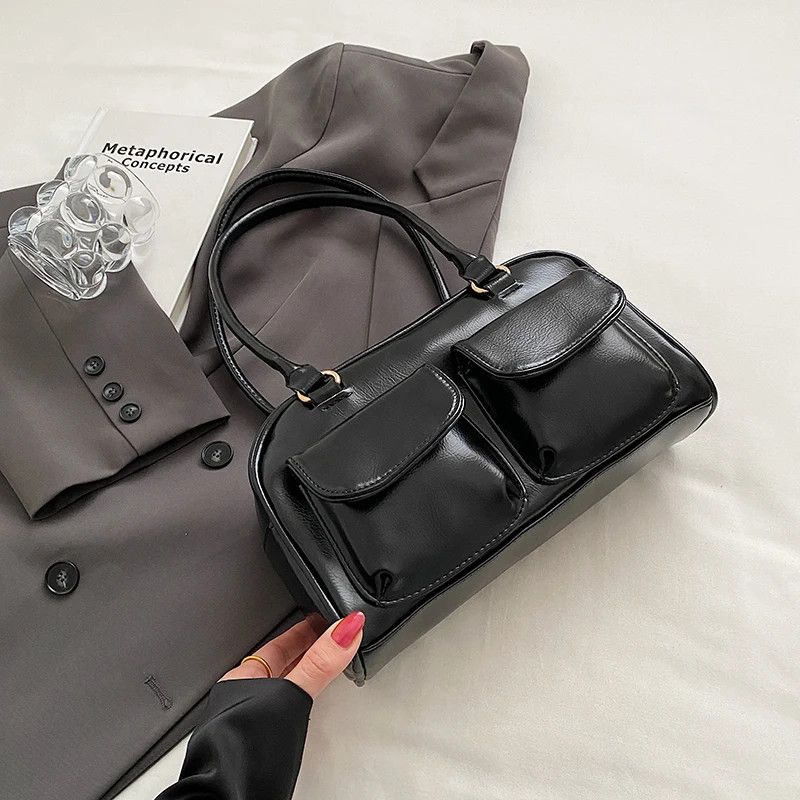 Leather Black Pockets Shoulder Bag Size ONE SIZE - 2 Thumbnail
