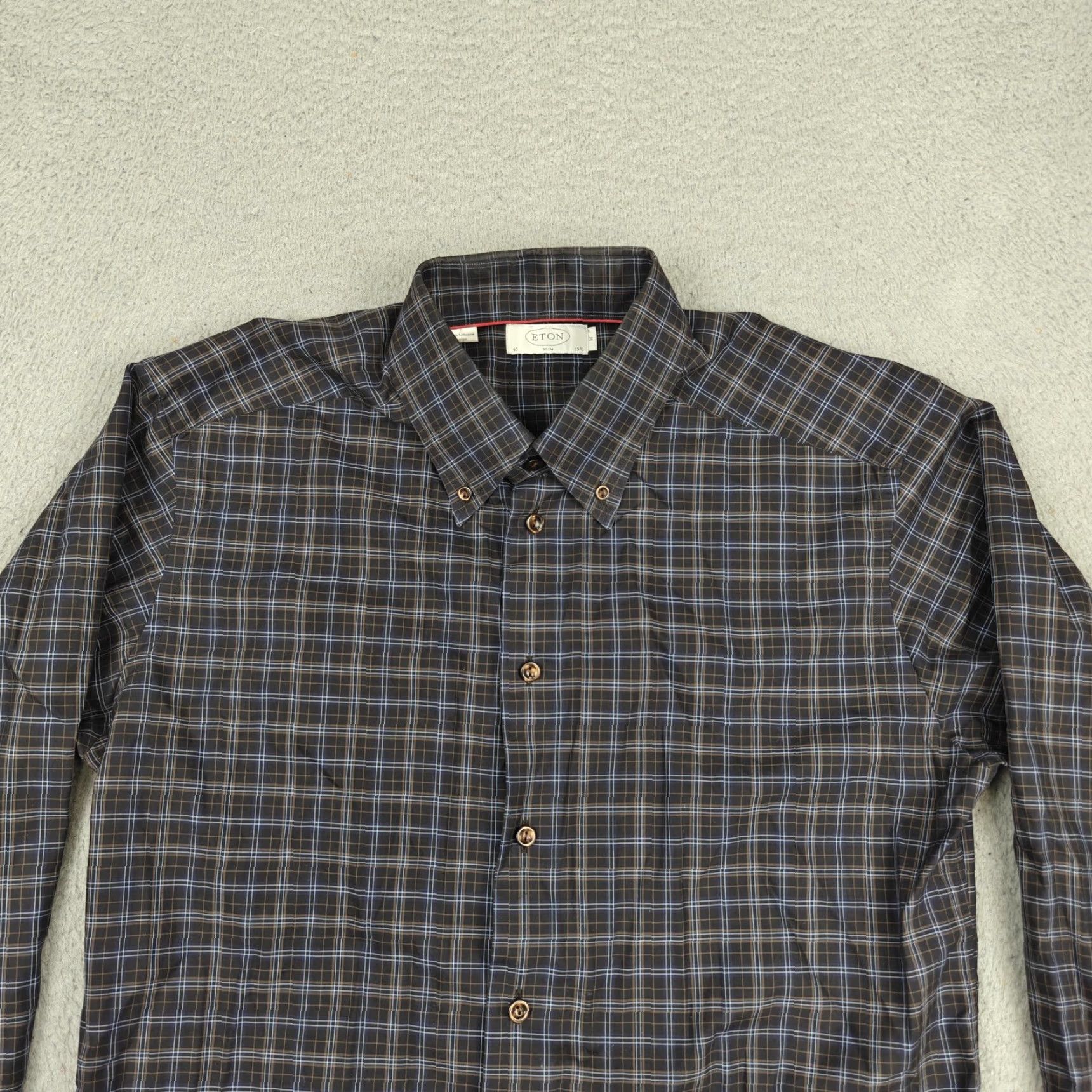 Eton VINTAGE Eton Dress Shirt Mens 16 34/35 Brown Plaid Slim Fit Button-Down Cotton York Size 40R - 2 Thumbnail