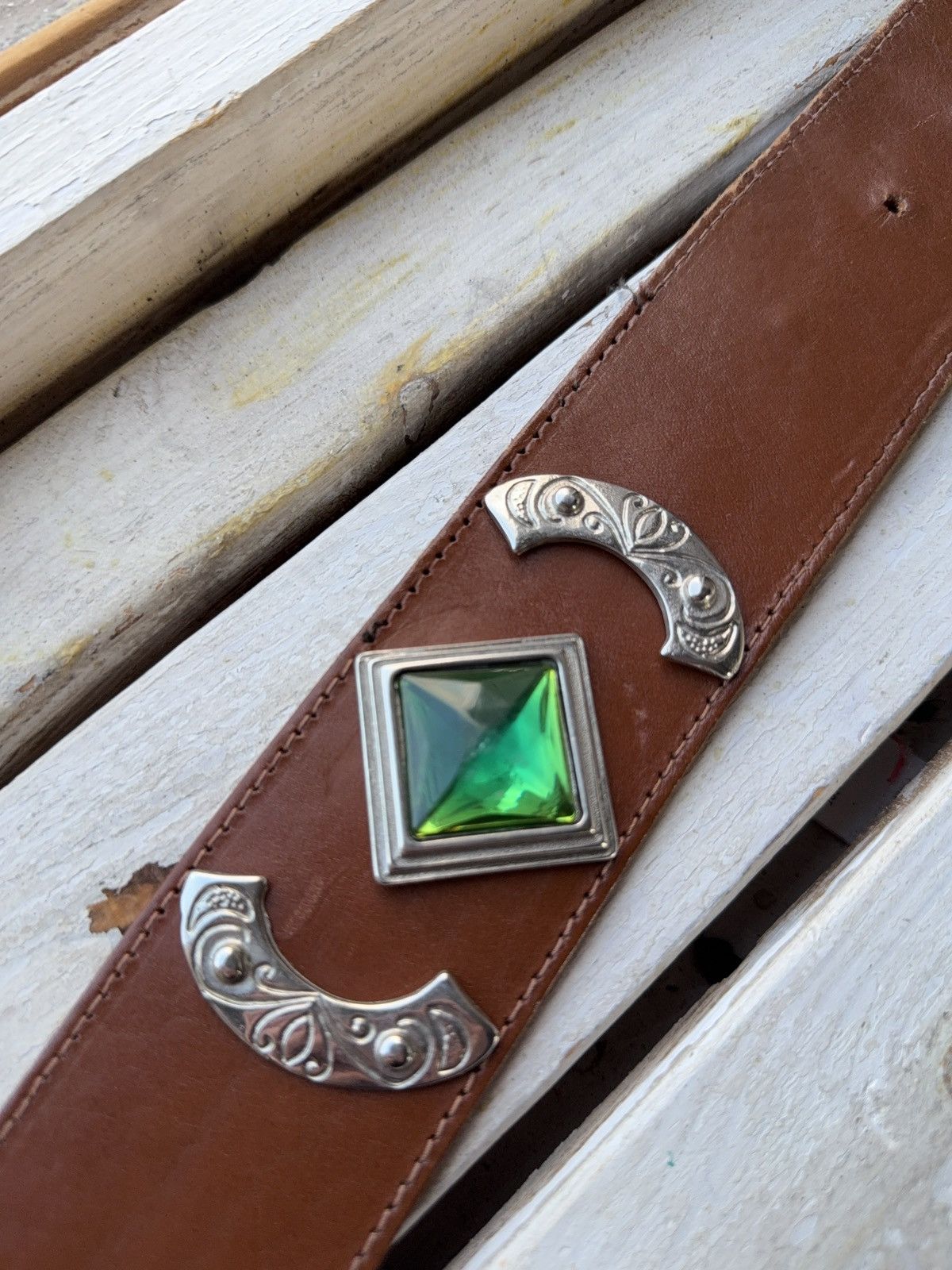 Japanese Brand Western Brown Leather Belt Green Gem Silver Details Size ONE SIZE - 10 Thumbnail