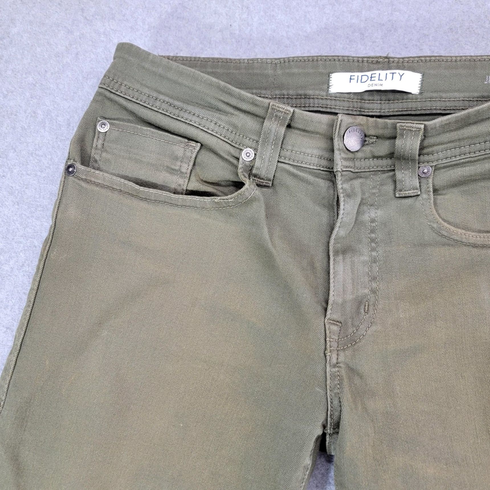 Vintage Fidelity Denim Jeans Mens 30 Slim Straight Karma Olive Jimmy Zip Fly 5-Pocket Made USA Mens Size US 30 / EU 46 - 4 Thumbnail