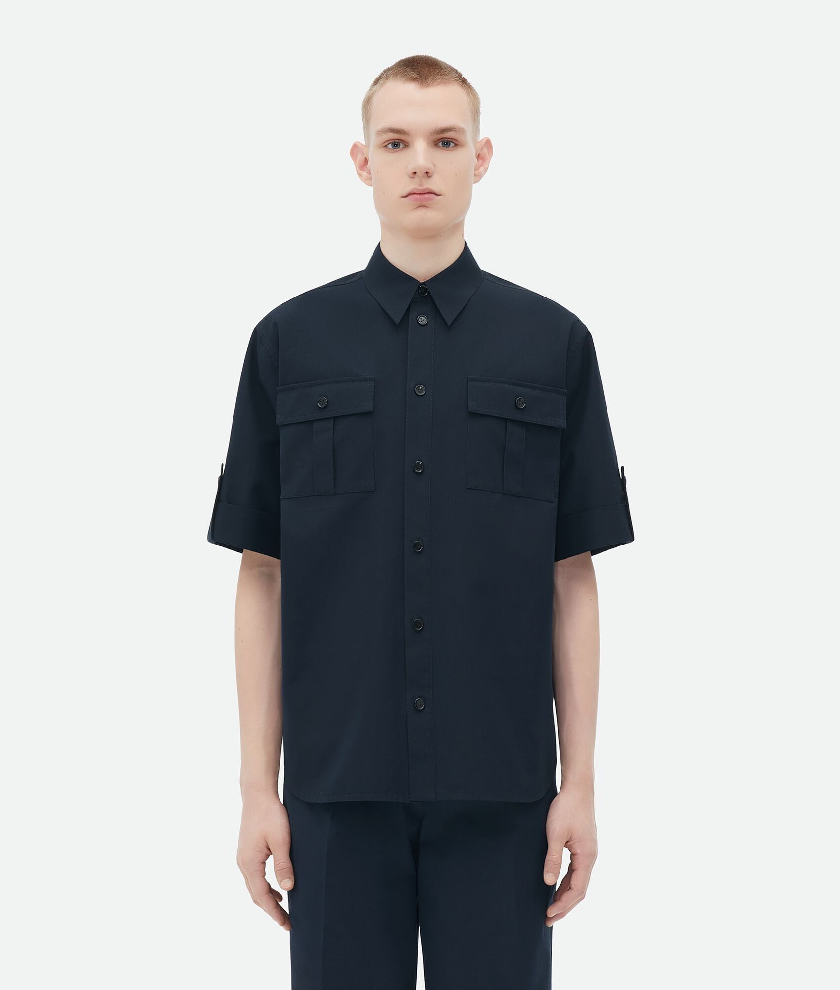 Bottega Veneta o1n1vont0625 Short-Sleeved Cotton Shirt in Abyss Size US M / EU 48-50 / 2 - 1 Thumbnail