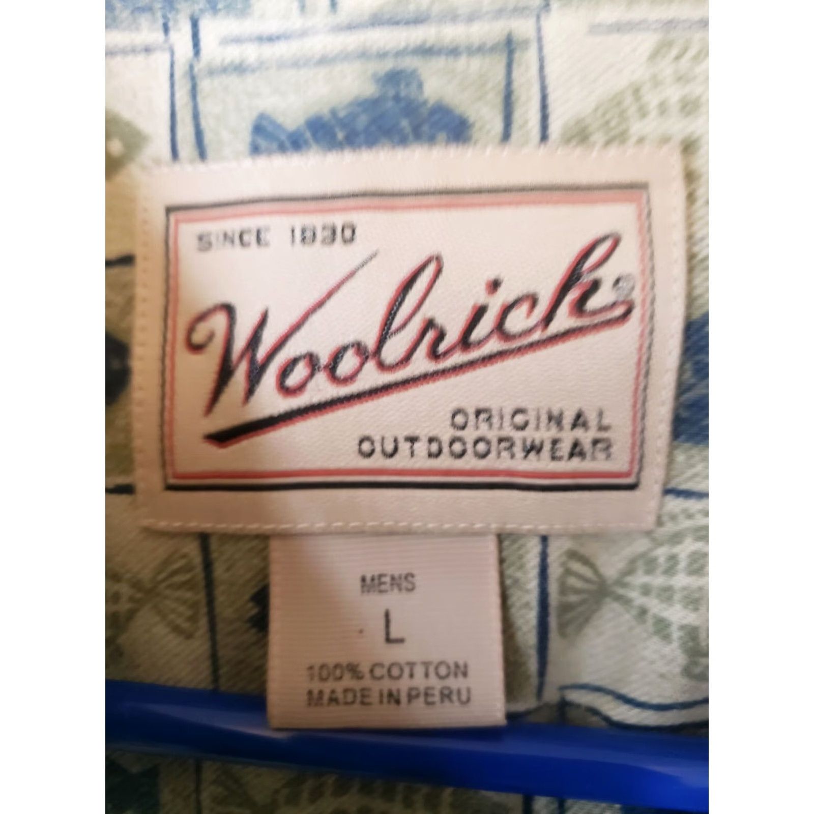 Vintage Woolrich Button-Up Shirt Men L Beige Blue Green Fish Pattern Hiking Outdoor Shirt Adults Regular Cotton Pockets 48 Chest Collar Button-Up Short Sleeve Size US L / EU 52-54 / 3 - 7 Thumbnail