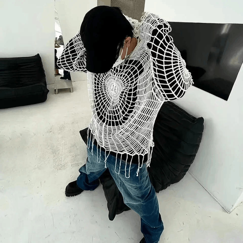 Designer × Vintage Y2K Spider Web with Holes Hooded Pullover Knitted Sweater Size US M / EU 48-50 / 2 - 3 Thumbnail