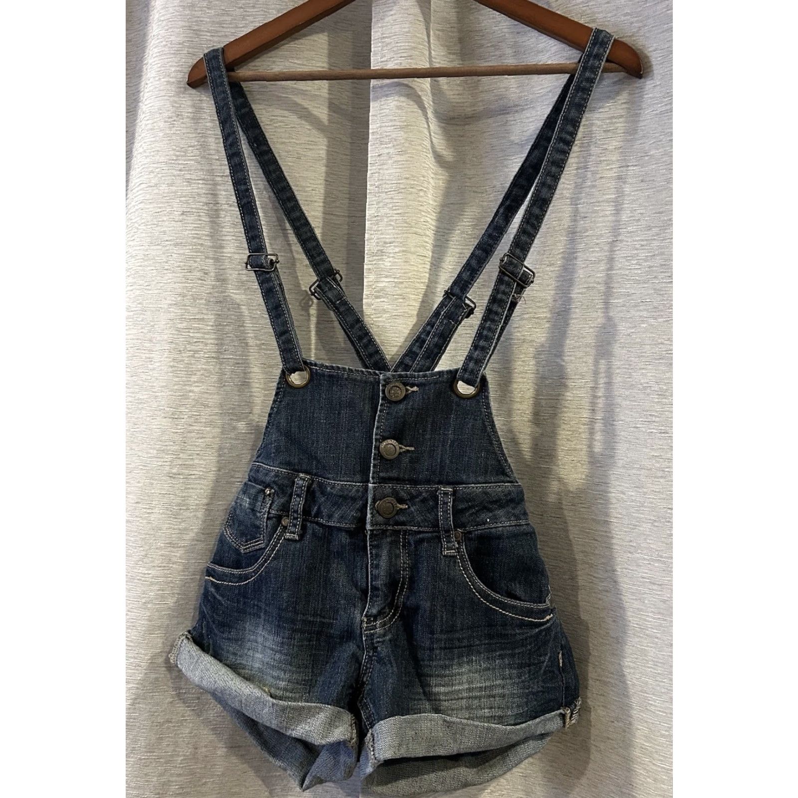 Vintage Hot Kiss Shortalls Womens 5 Juniors Button Front Cut Off Stretch Denim Pocket Cotton Spandex Straight Inseam 3 in Blue Vintage No Size 27" / US 4 / IT 40 - 2 Thumbnail