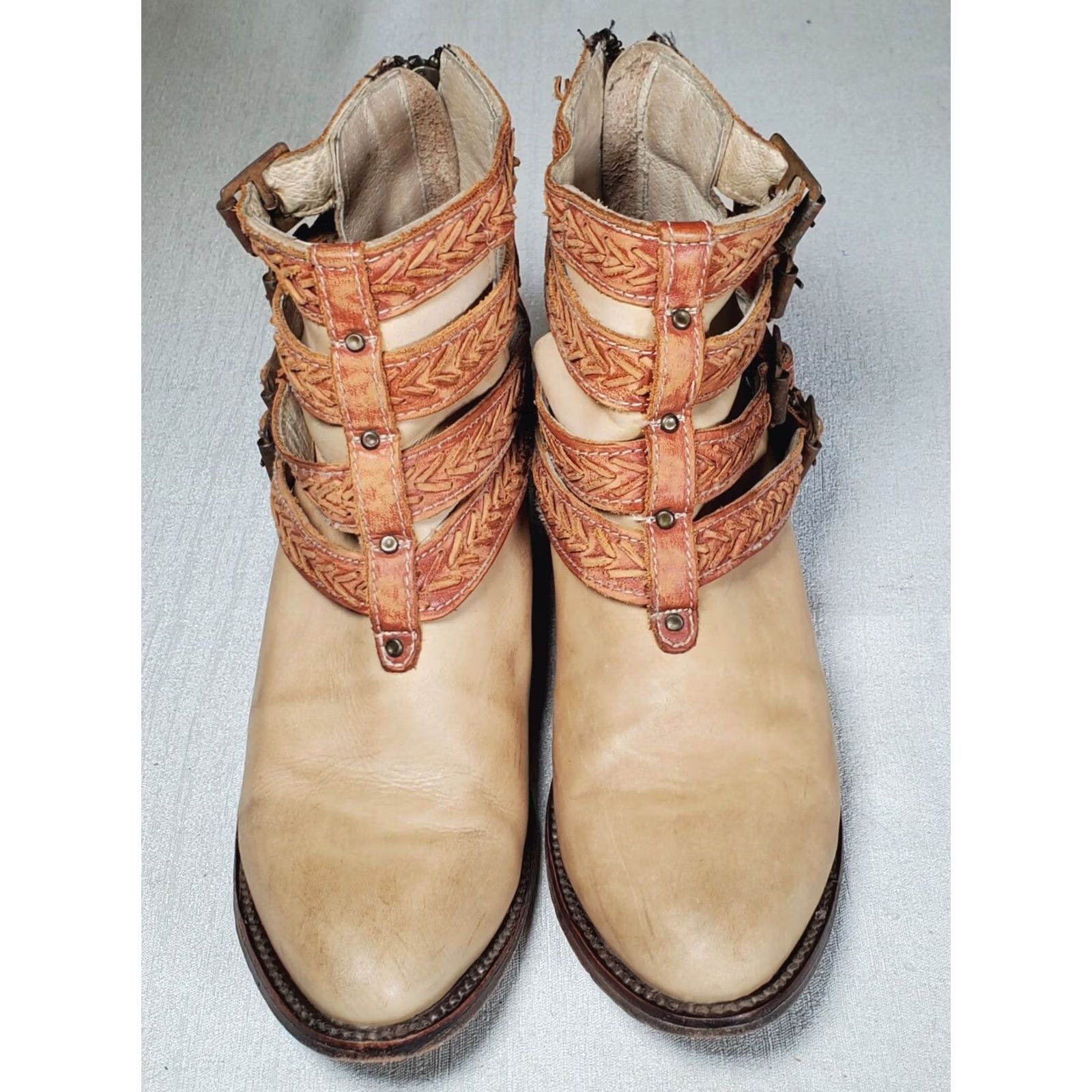 FREEBIRD FREEBIRD by STEVEN FB ROPER Leather Ankle Boots Light Tan Four Rust Braided Straps Buckles Women US 8 Size US 8 / IT 38 - 6 Thumbnail