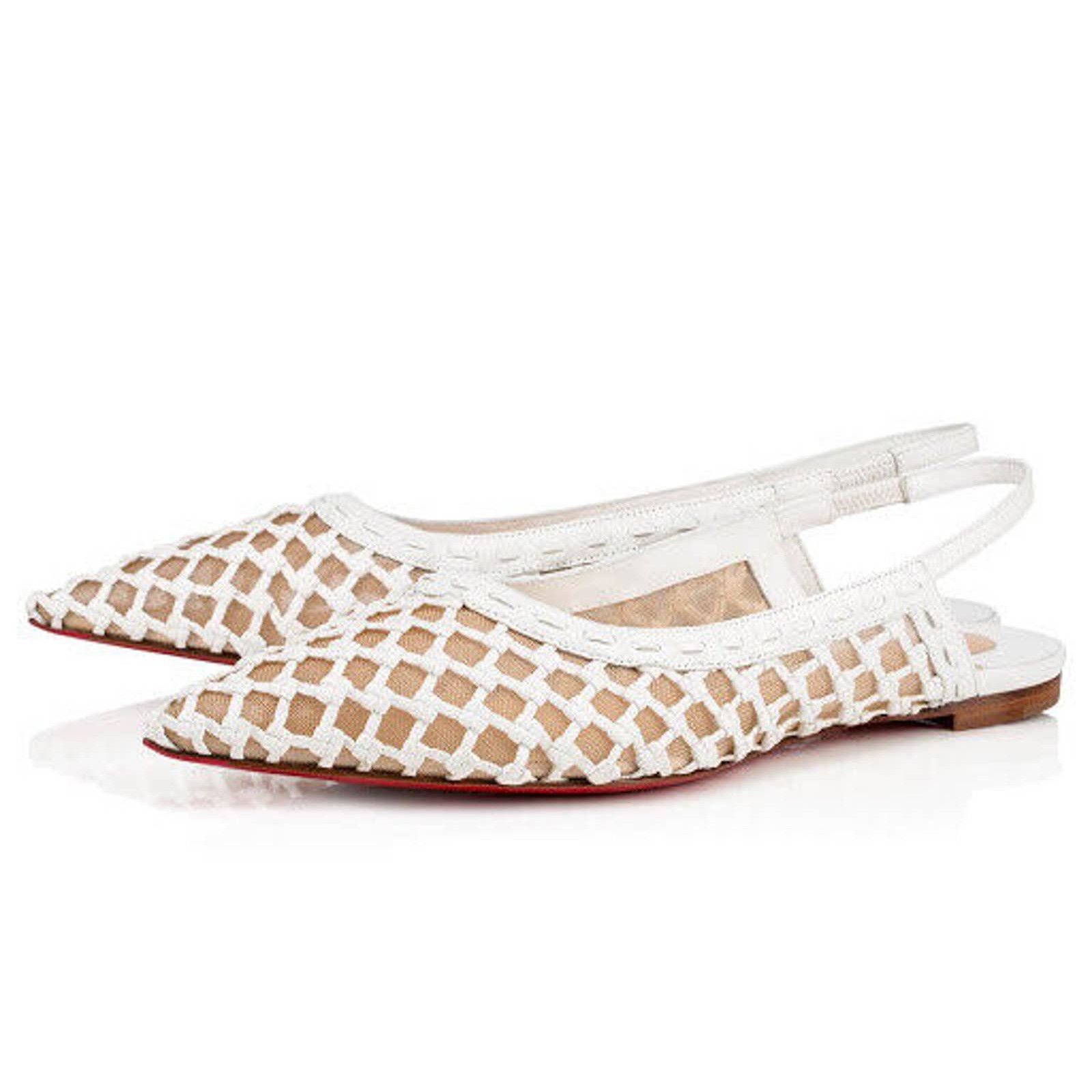 image of Christian Louboutin White Cage And Sling Mesh Leather Slingback Flat Sandals 38, Women's