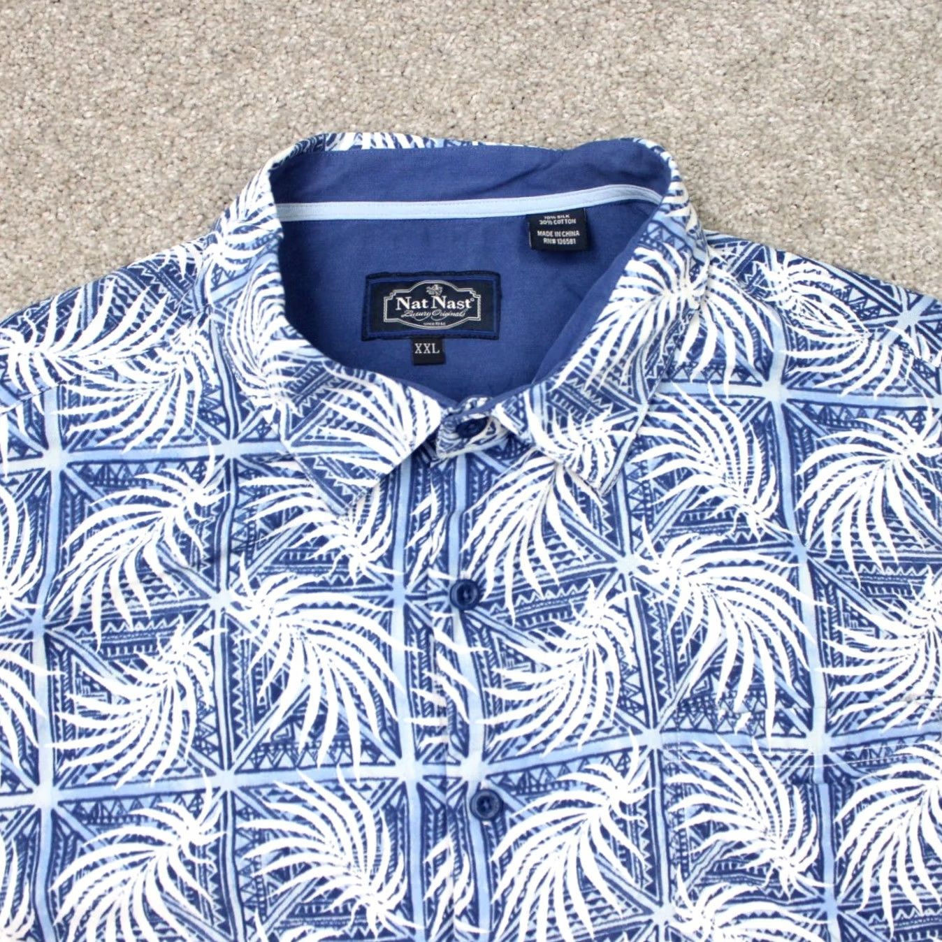 Nat Nast Nat Nast Shirt Mens 2XL Blue/White Floral Silk/Cotton Hawaiian Short Sleeve Button-Up Shirt Size US XXL / EU 58 / 5 - 3 Thumbnail