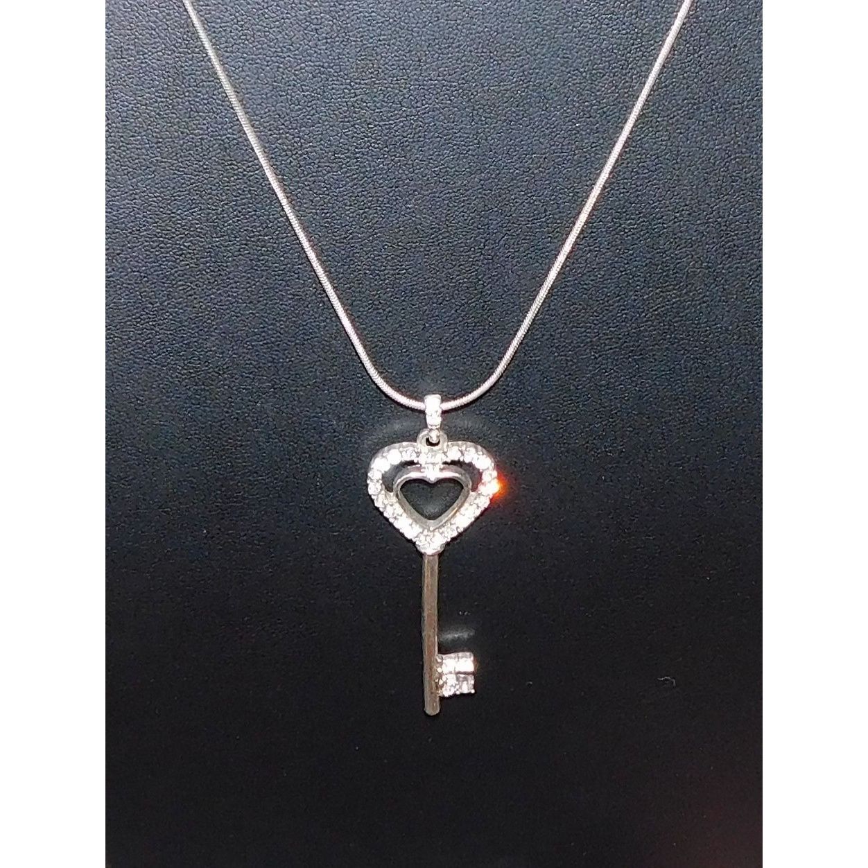 Other Whimsical Heart Key Necklace Silver Tone With Rhinestones Size ONE SIZE - 1 Thumbnail