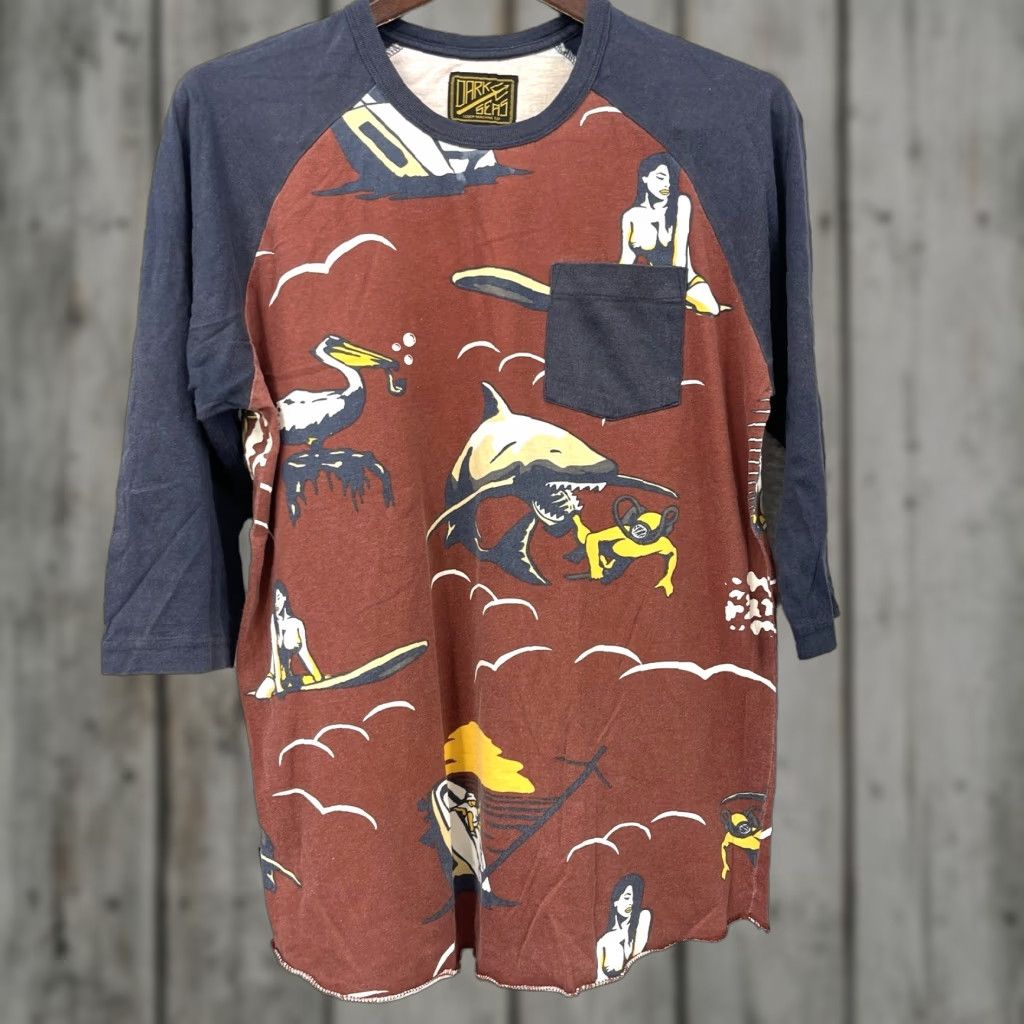 Vintage Dark Seas Men's T-Shirt S Blue Shark Mermaid Raglan Graphic Print Preppy Core Vintage Size US S / EU 44-46 / 1 - 1 Thumbnail